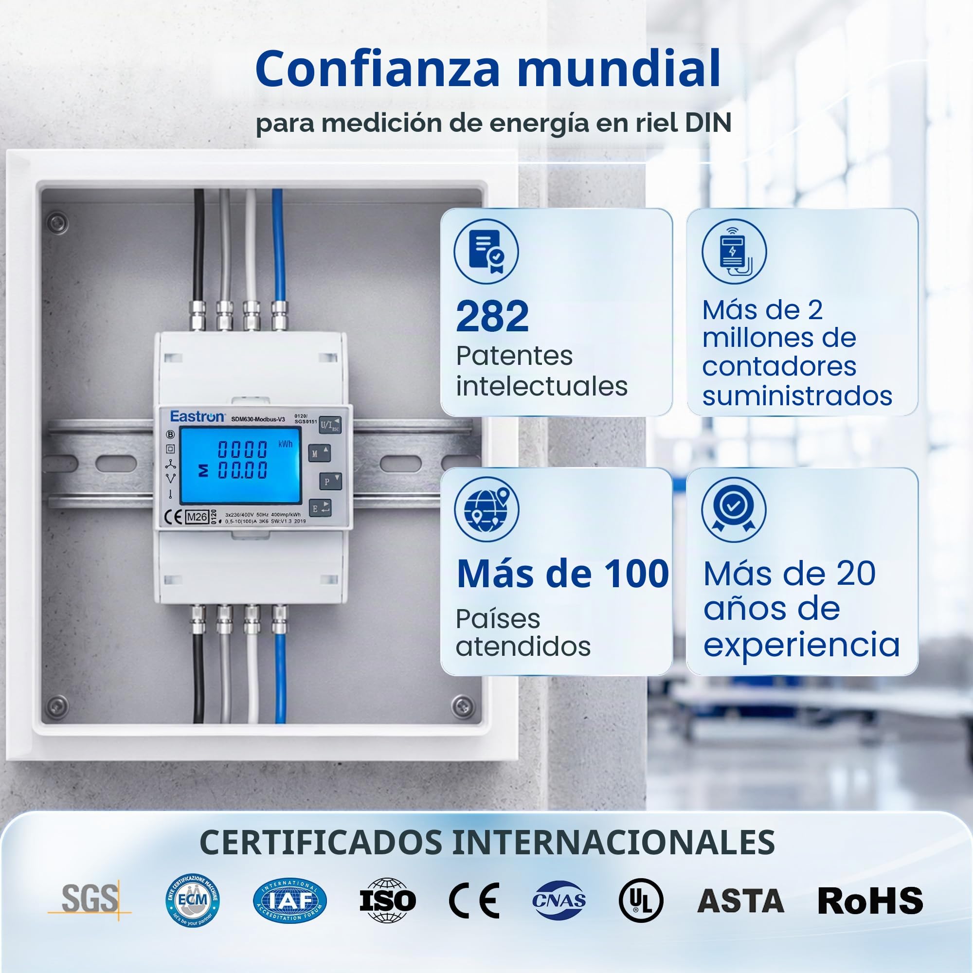 Eastron SDM630Modbus-V3 - Contador de corriente trifásico digital para carril de sombrero, multifuncional, bidireccional con 2 x S0, RS485 Modbus-RTU