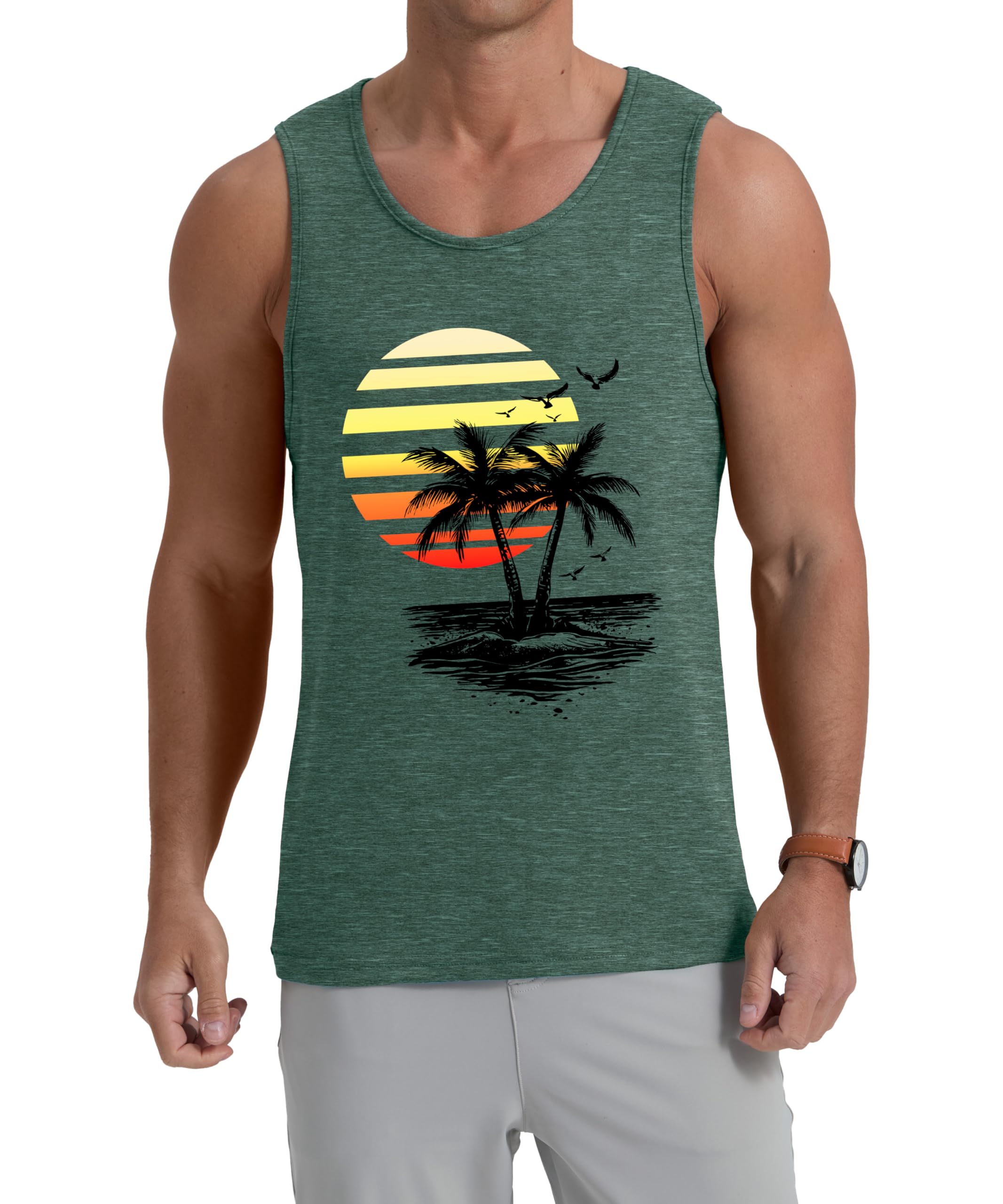 IWOLLENCE Chaleco de algodón para hombre, estampado hawaiano, cuello redondo, playa, vacaciones, casual, sin mangas, para hombre