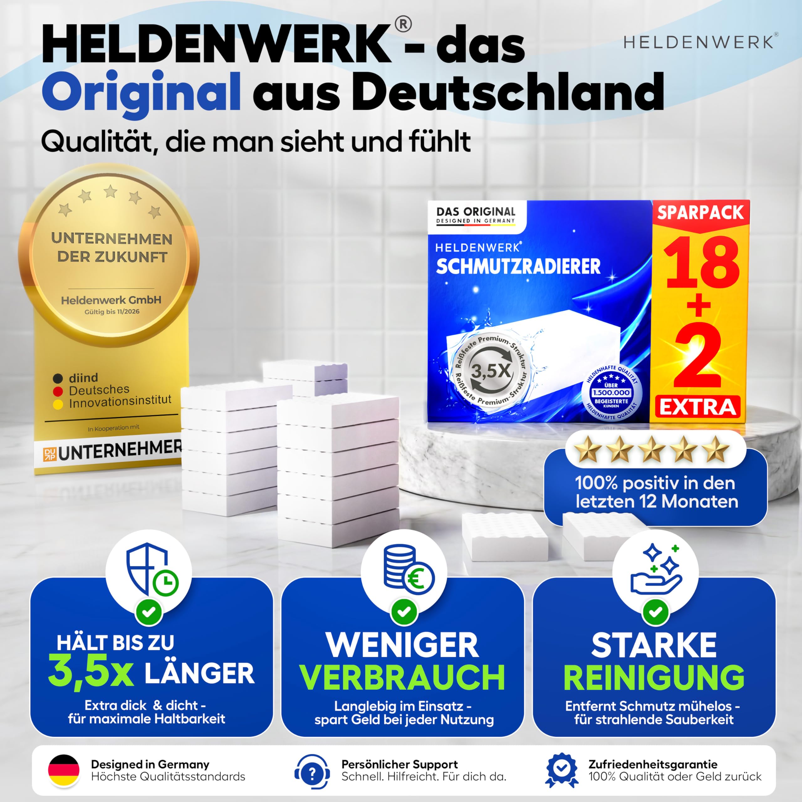 HELDENWERK® Gomma per cancellare lo sporco [18+2 Extra] Spugna per cancellare le macchie più ostinate – Magic Eraser & Spugna magica per pareti, cucina, bagno e sneaker, extra resistente