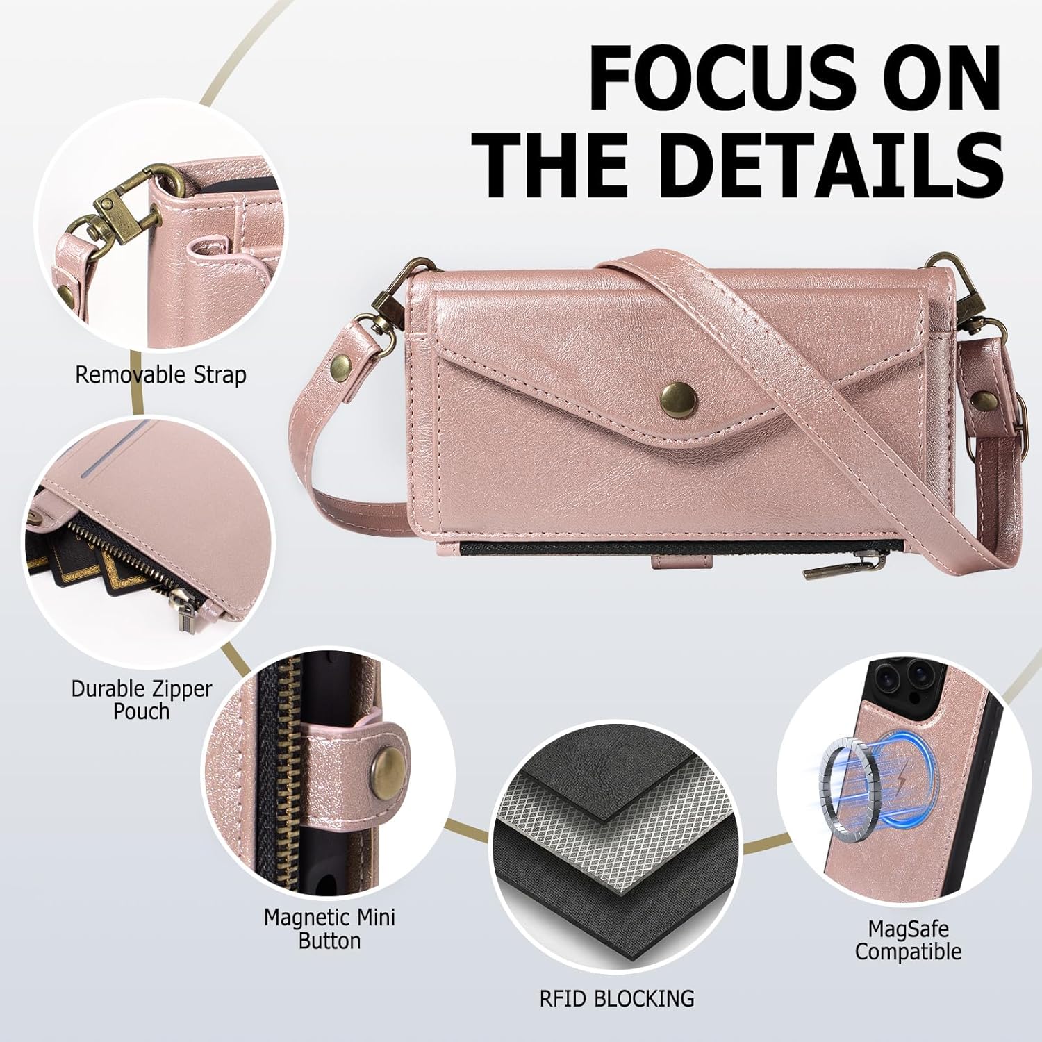 Compatible with Magsafe 3 in 1 Detachable iPhone 16 Pro Max Wallet Case with Card Holder, PU Leather Handbag Phone Purse with Zipper, RFID Blocking Strap Lanyard Kickstand Magnetic Phone Cover