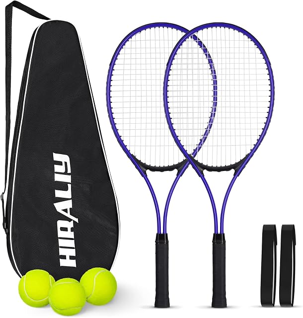 HIRALIY 27" Tennis Rackets Set of 2, 3 Tennis Balls, 2 Racquets, 2 Overgrip Tapes and 1 Carrying Bag Outdoor Recreational Sport Game