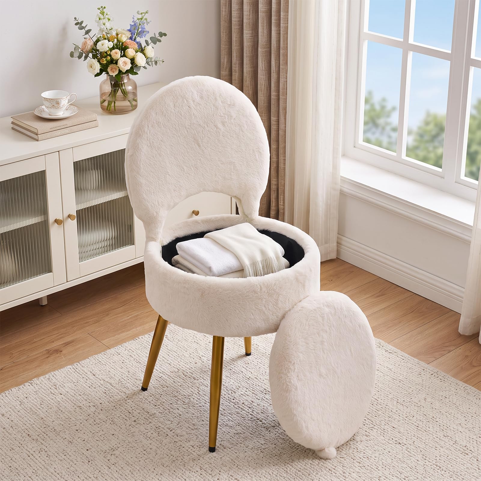 Warmiehomy Faux Fur Round Vanity Chair with Hidden Storage, Beige
