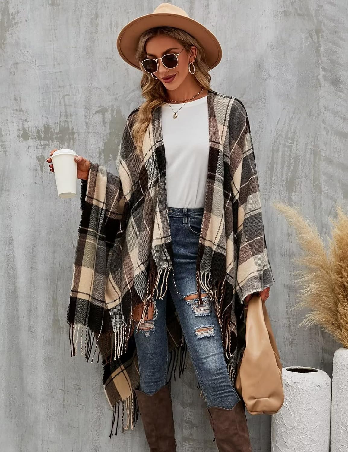 VIMPUNEC Women Boho Buffalo Plaid Poncho Pashmina Shawl Wrap Cape Sweater Knitting Cardigan with Tassel - Image 6