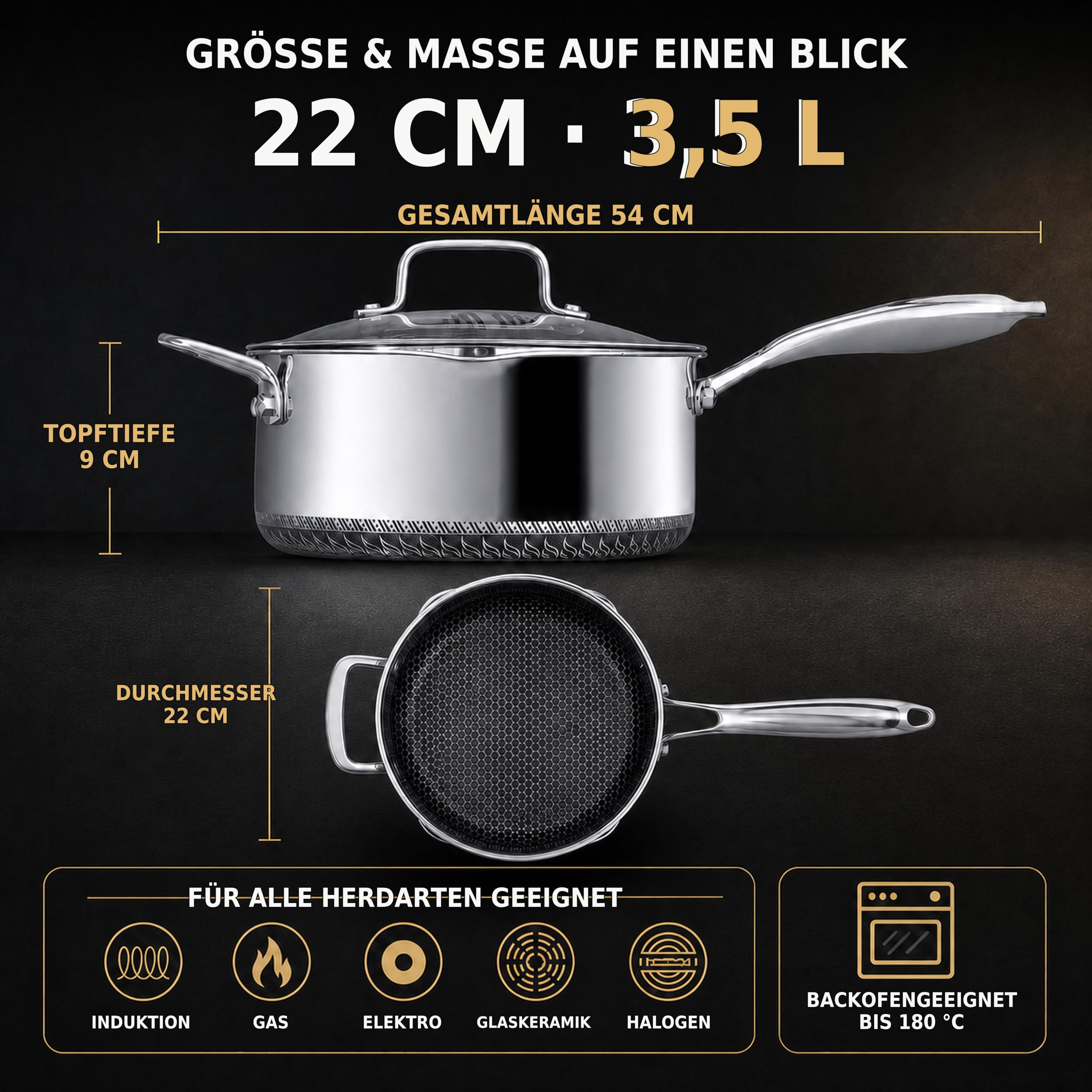 Stielkasserolle mit Deckel, 22 cm/3.5L, antihaftbeschichtet, für Induktion, Kochtopf mit Ausgießer, kühlbleibender Griff, kratzfest,