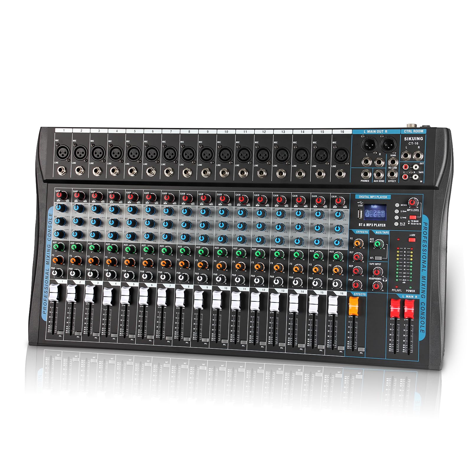 16 Channel Audio Interfacer Sound Board Mixer DJ Mixer 16-Bit DSP Effect USB Audio Mixer +48V Phantom Power Bluetooth Mixer for Karaoke Studio Streaming Recording,Live Streaming