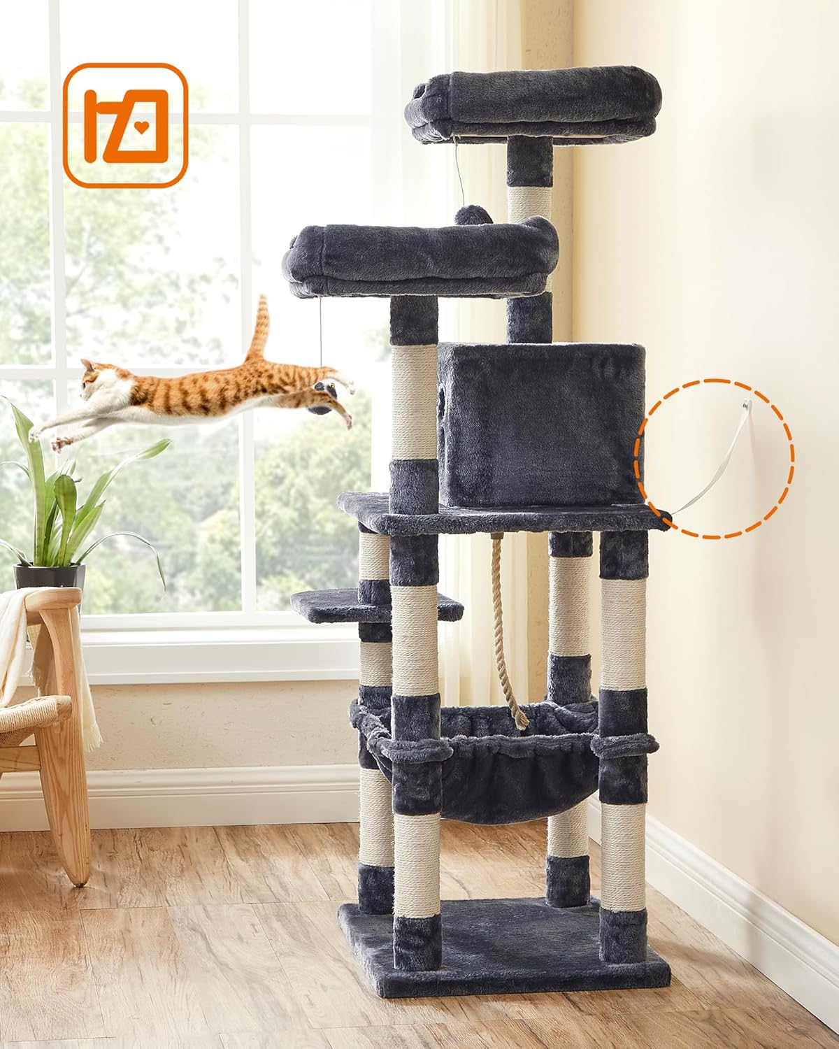 Feandrea Multi-Level Cat Tree with a wall anchor highlighted.