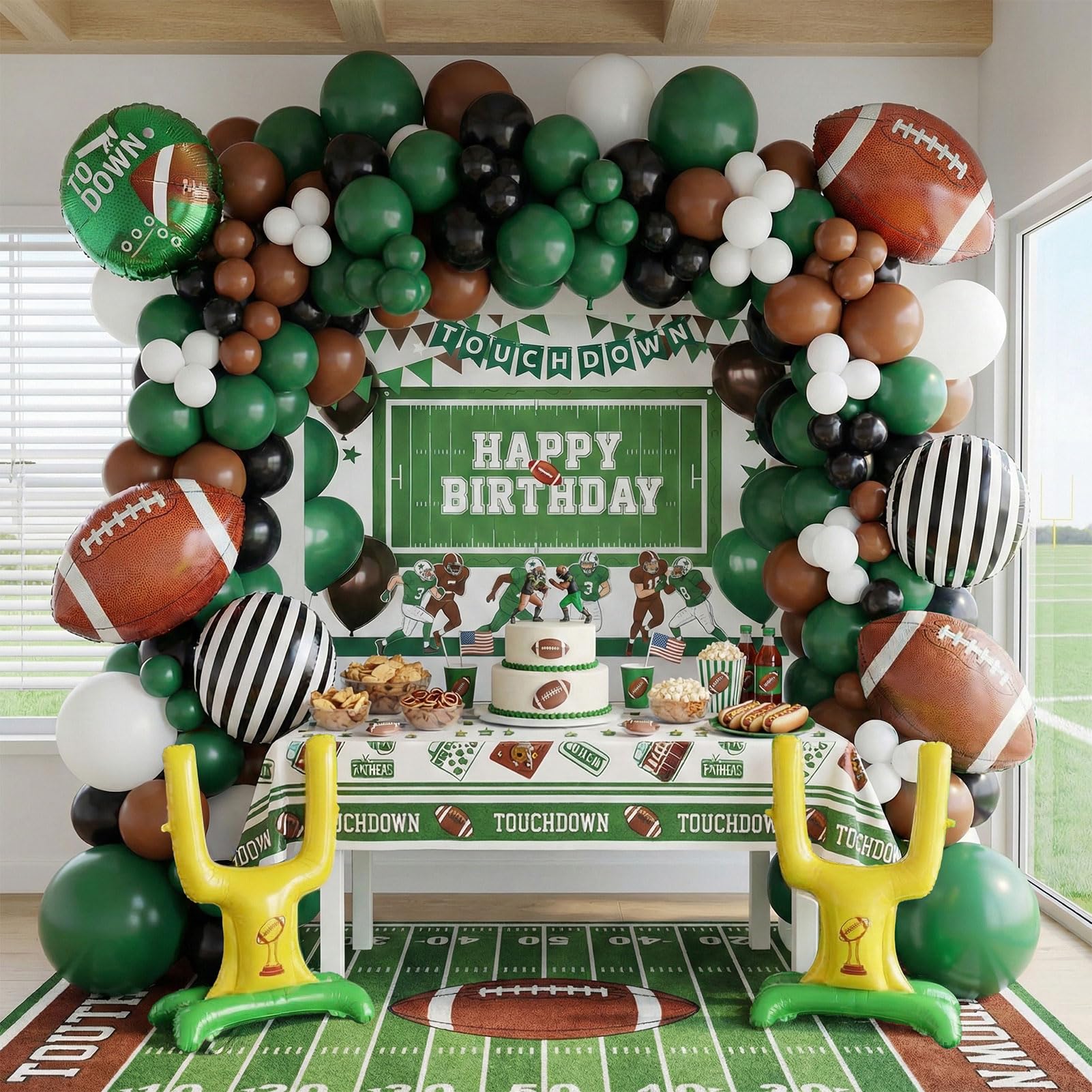 Football Balloon Garland Arch Kit dark green brown Balloons with backdrop Goal Post Mylar Balloons for Sports Birthday Boys first year touch down
