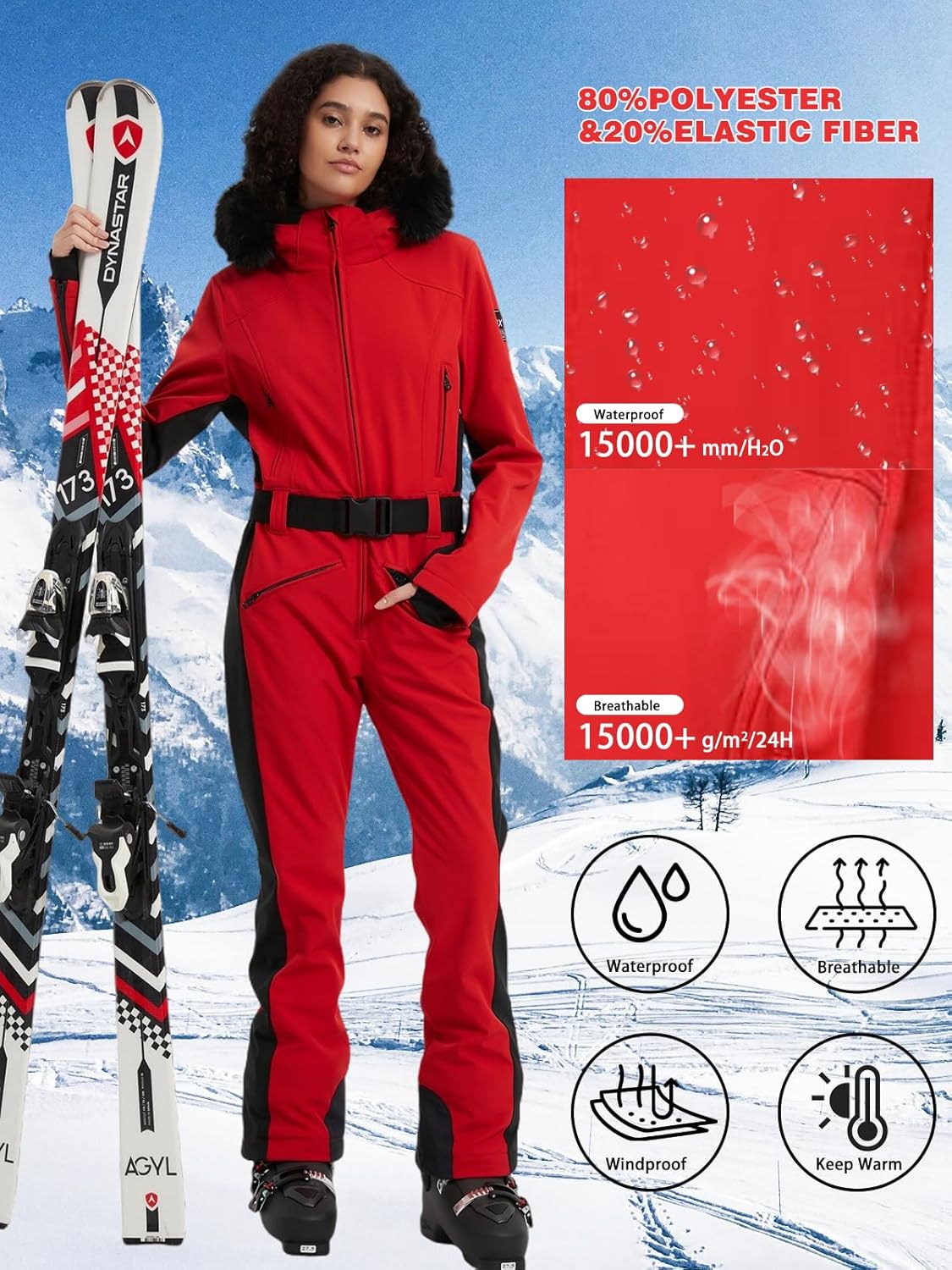 Women's One Piece Snowsuit Ski Suit Slim Fit High Collar Hood Zipper Jumpsuit Snowboard Waterproof Windproof Jacket - Image 7