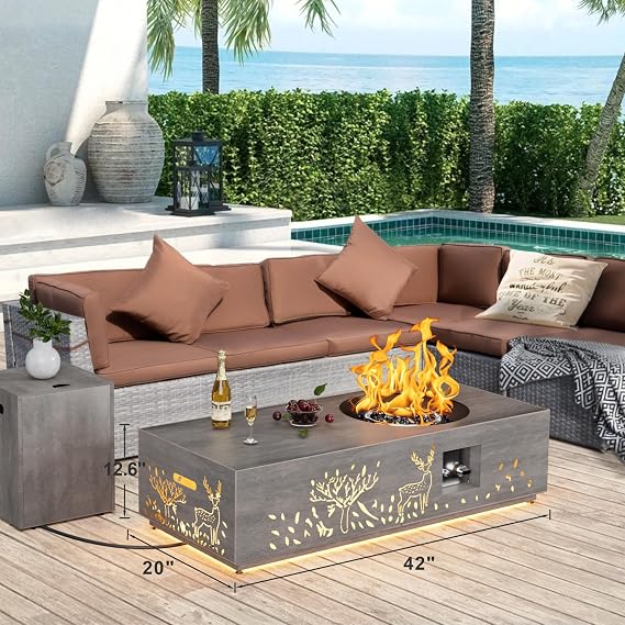 SUNPEAK 48 Round Burner Propane Fire Pit Table with LED Light 50,000 BTU Fire Pit Table with Lid, Rocks, Cover and Tank Storage - Modern Outdoor Large Fire Table (Grey/Deer Cutout, 48 LED)