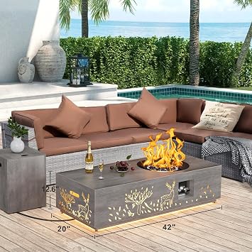 SUNPEAK 48 Round Burner Propane Fire Pit Table with LED Light 50,000 BTU Fire Pit Table with Lid, Rocks, Cover and Tank Storage - Modern Outdoor Large Fire Table (Grey/Deer Cutout, 48 LED)