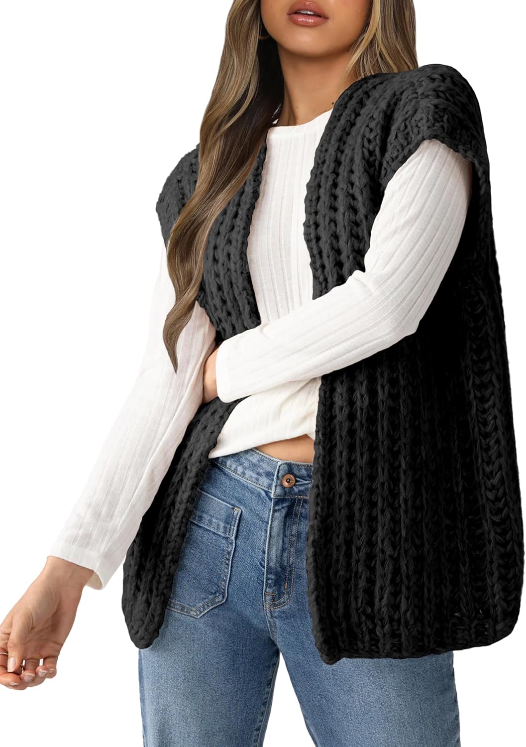 Womens Fall Sleeveless Chunky Knit Long Sweater Vest Crochet Trendy Open Front Cardigan Sweater Tops