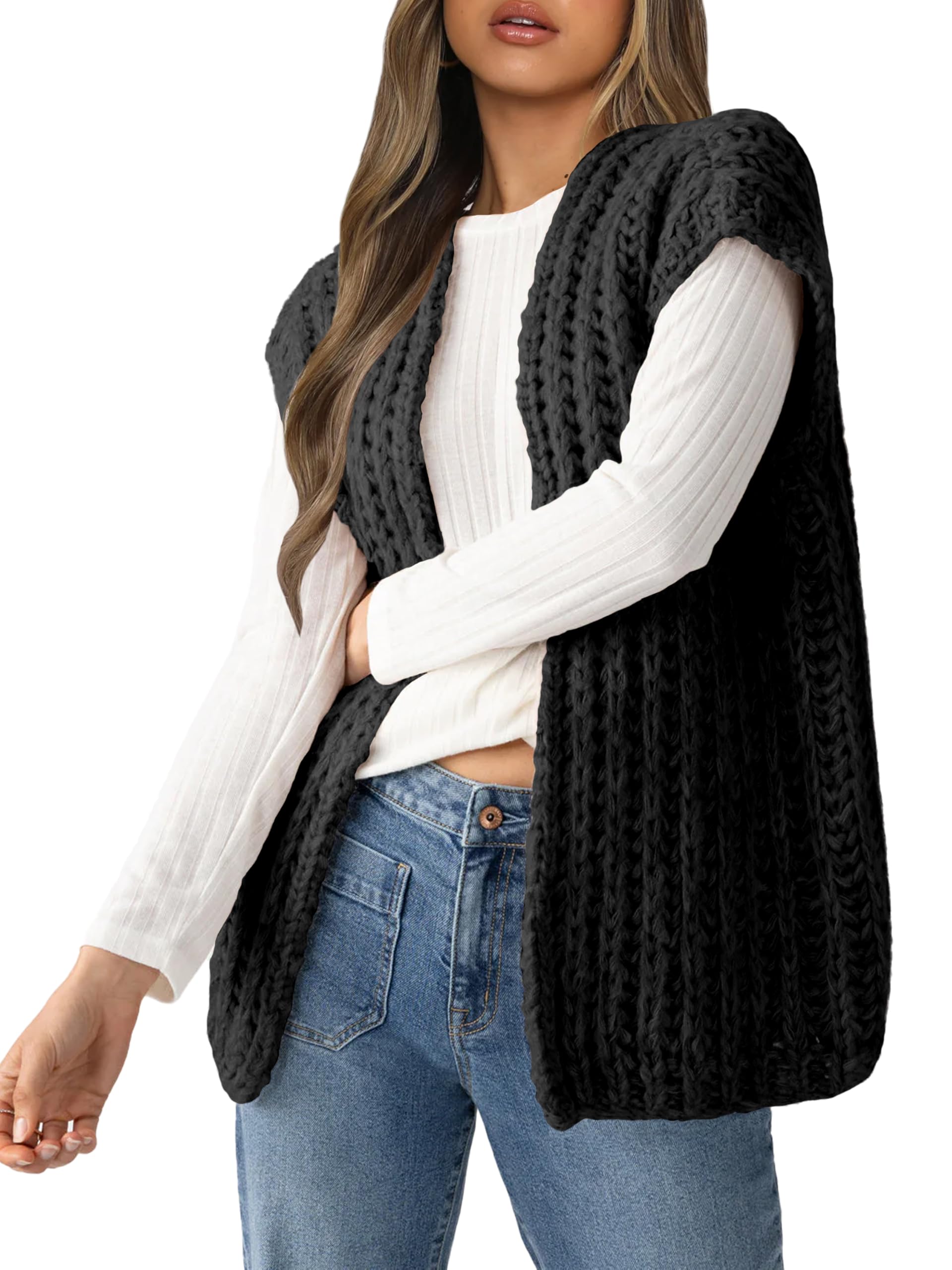 Womens Fall Sleeveless Chunky Knit Long Sweater Vest Crochet Trendy Open Front Cardigan Sweater Tops