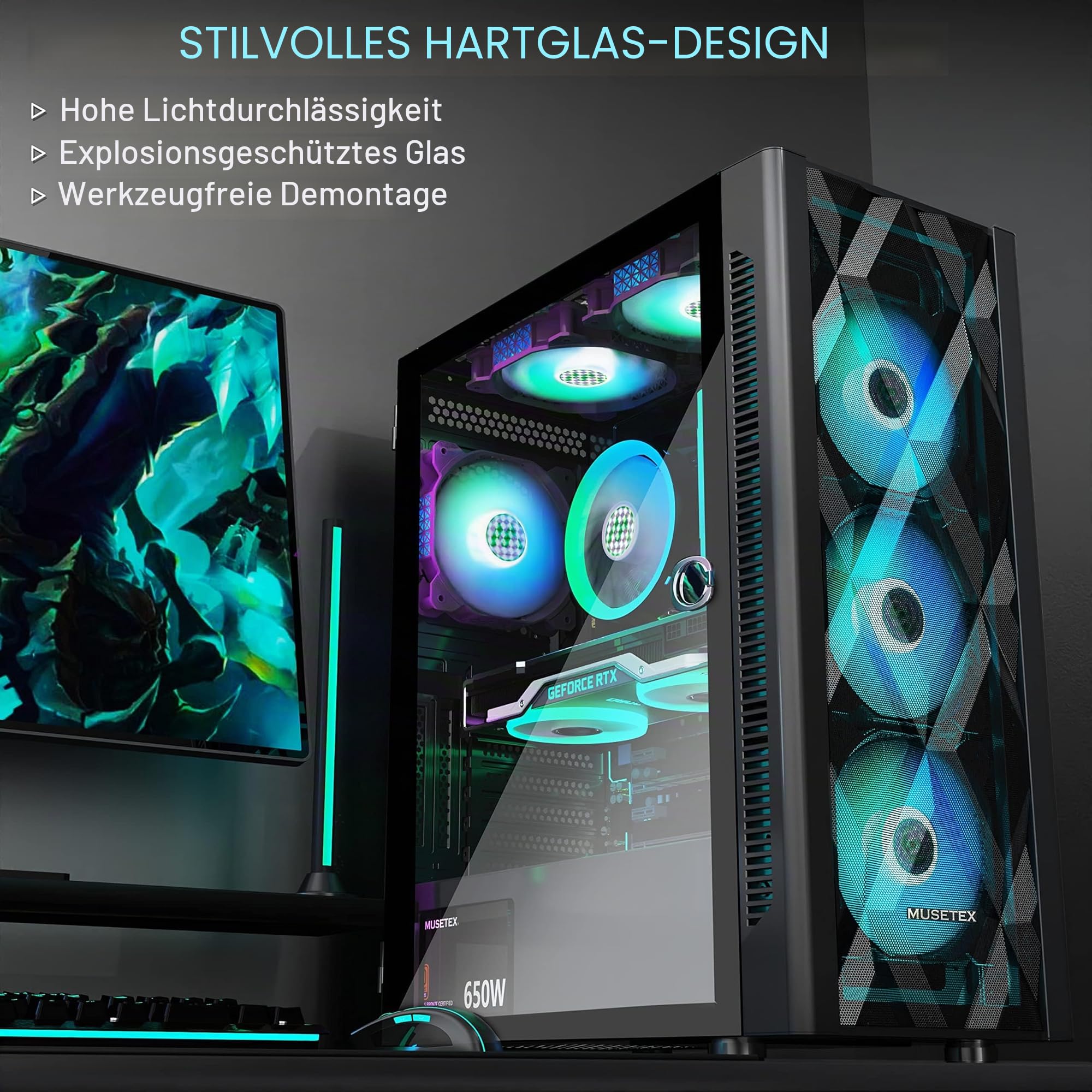 MUSETEX ATX PC Gehäuse Pre-Install 6 PWM ARGB Lüfter, Polygonal Mesh Computer Gaming Gehäuse, Öffnung gehärtetes Glas Seitenwand Mid-Tower Gehäuse, USB 3.0 x 2, Schwarz, NN8