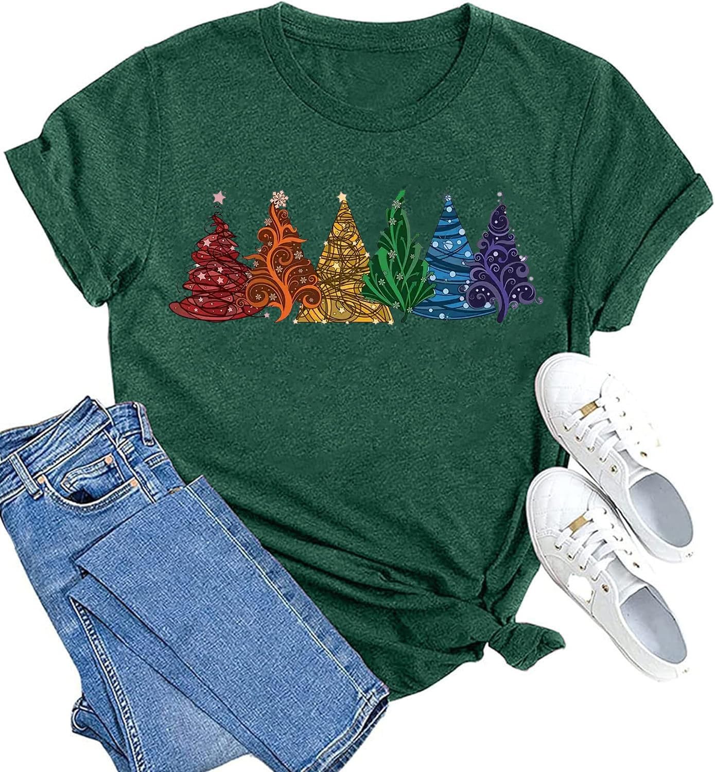 Woffccrd Women's Funny Christmas Tree Graphic Tee - Rainbow Colorful Holiday T-Shirt (Short Sleeve) - View #10