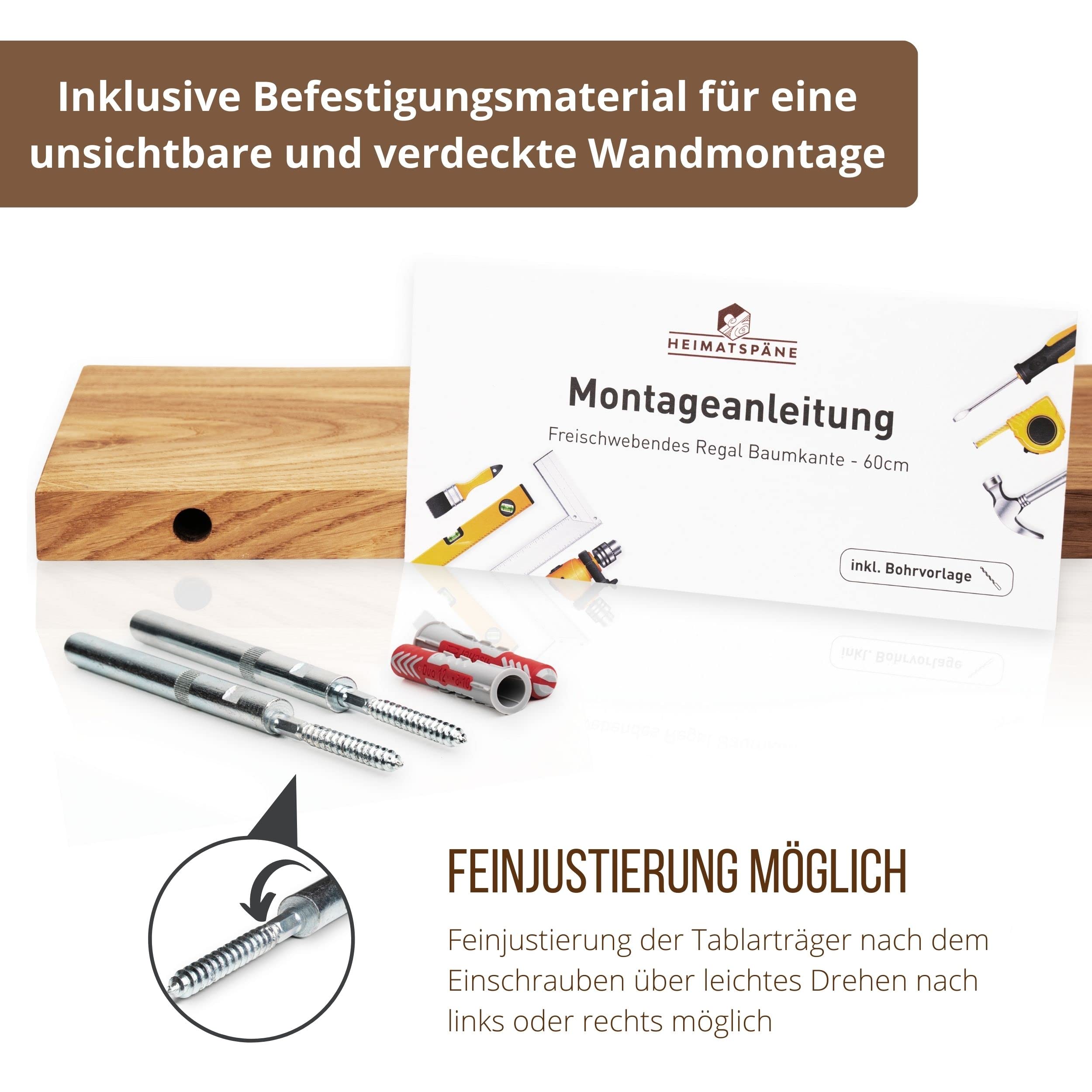 Heimatspäne Freischwebendes Regalbrett Baumkante 60cm [echtes Eichenholz] – Wandregal Eiche massiv – Echtholz Regal inkl. Montagematerial – Wandboard Holz rustikal in echter Handarbeit gefertigt