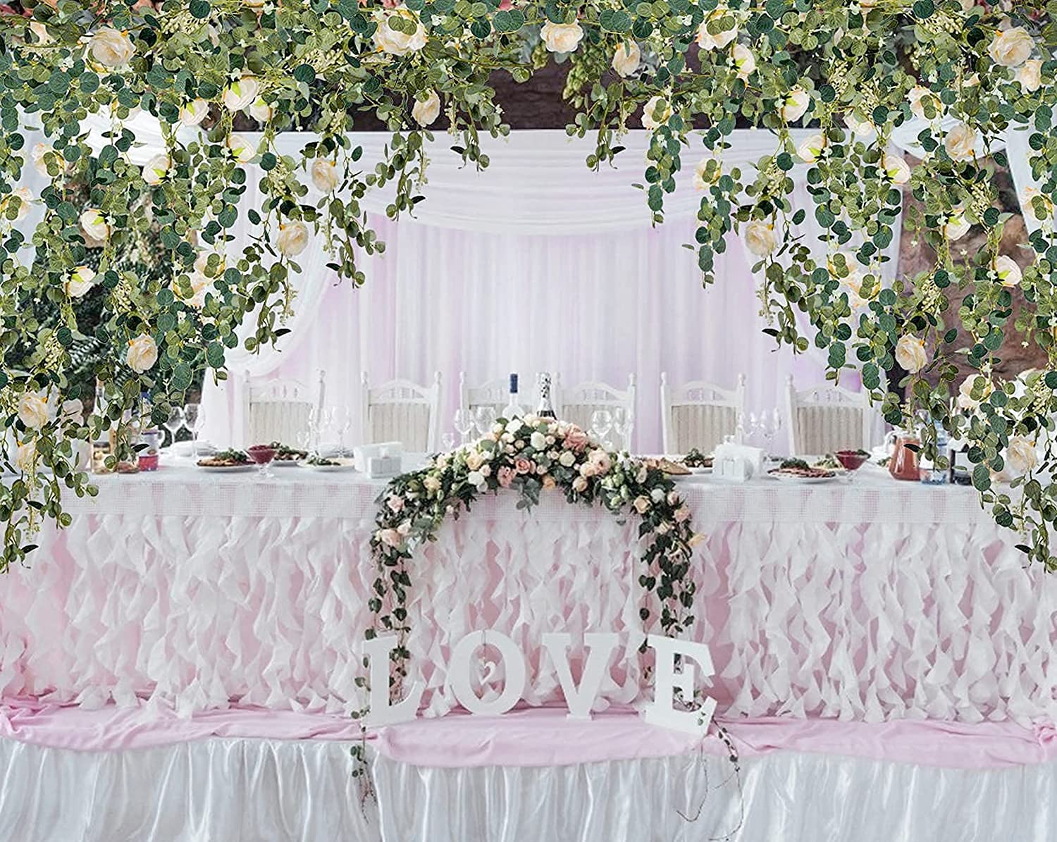 Künstliche Eukalyptus-Girlande mit weißen Rosen-Pfingstrosen-Eukalyptus-Strängen für Hochzeit, Geburtstag, Party, Zuhause, Gartenoration