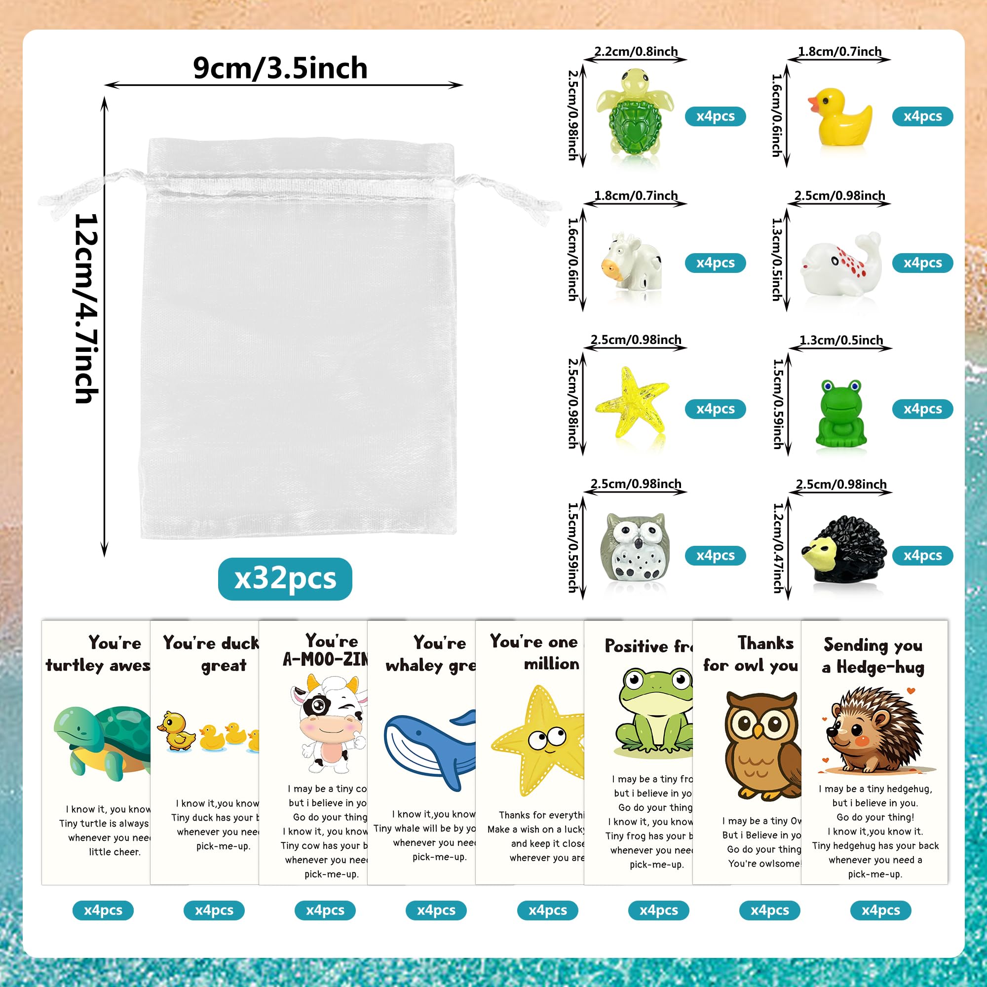 32 Set Employee Appreciation Gift Bulk 32 PCS Cards Organza Bags Funny Resin Animal Figures Hedgehog Cow Owl Duck Turtle Starfish Frog Whale for Coworkers Staff Office Favors 96 PCS