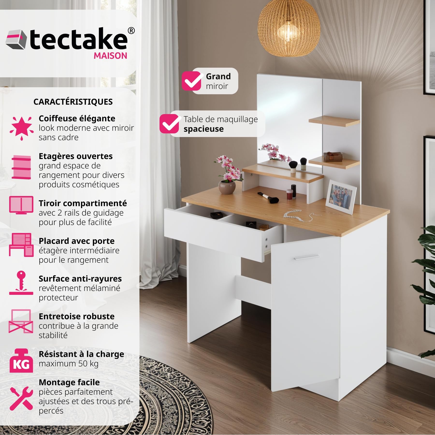 tectake® Coiffeuse avec Miroir Table de Maquillage Vanity Desk Moderne avec 3 étagères 1 tiroir, 1 Compartiment à Porte Rangement Maquillage Meuble Coiffeuse Adulte Femme Blanc/Hêtre