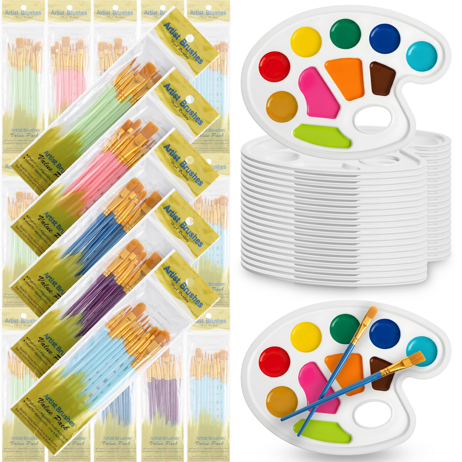 Lot de 220 palettes de pinceaux de peinture, 20 paquets de 200 pinceaux et 20 palettes, tête de pinceau en nylon, convient pour l'aquarelle à l'huile, etc., ensemble de peinture artistique parfait