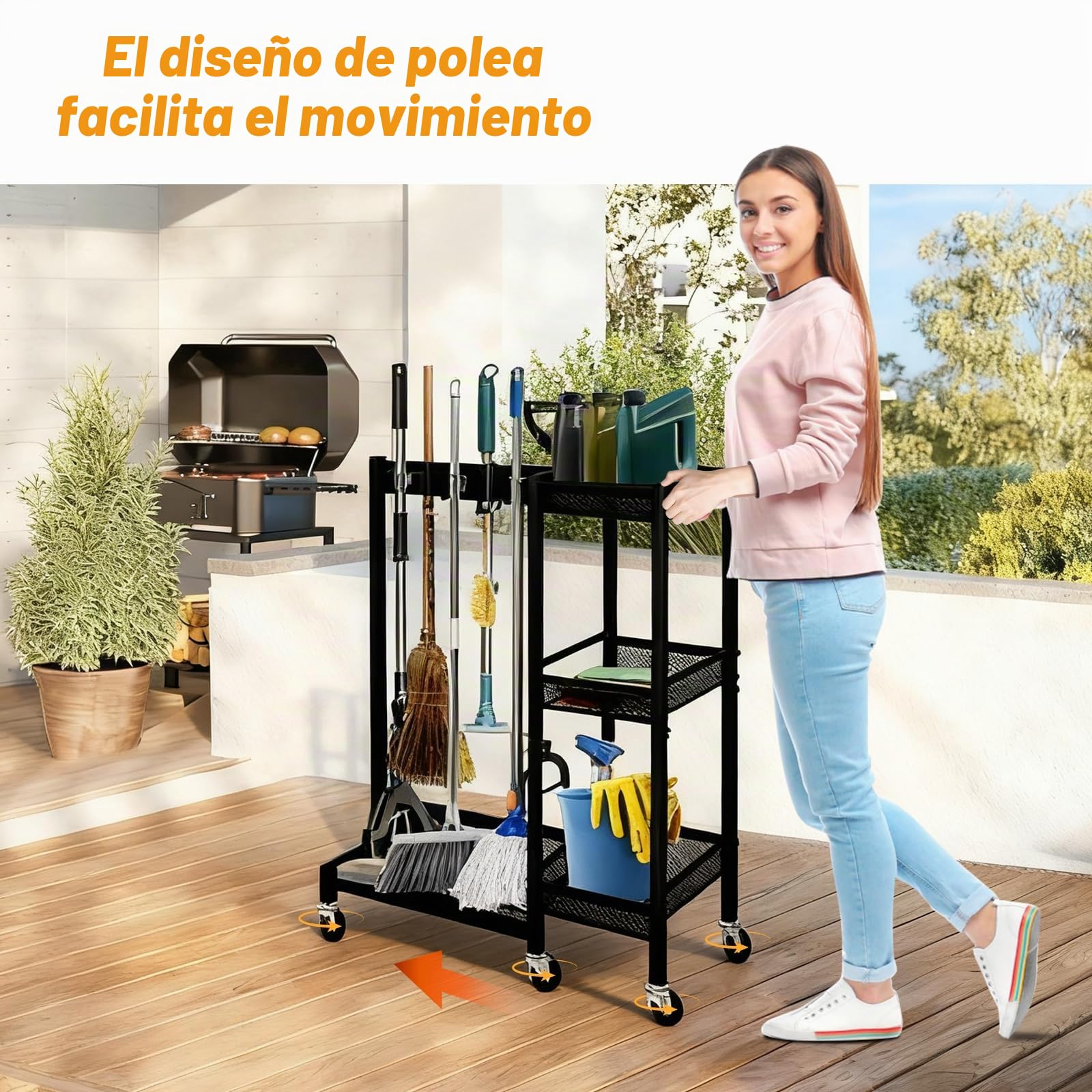 Carro de Limpieza 3 Estantes, Soporte para Escobas y Organizador Móvil con 6 Ruedas, para Hogar, Hotel, Escuela (Carga 50kg)