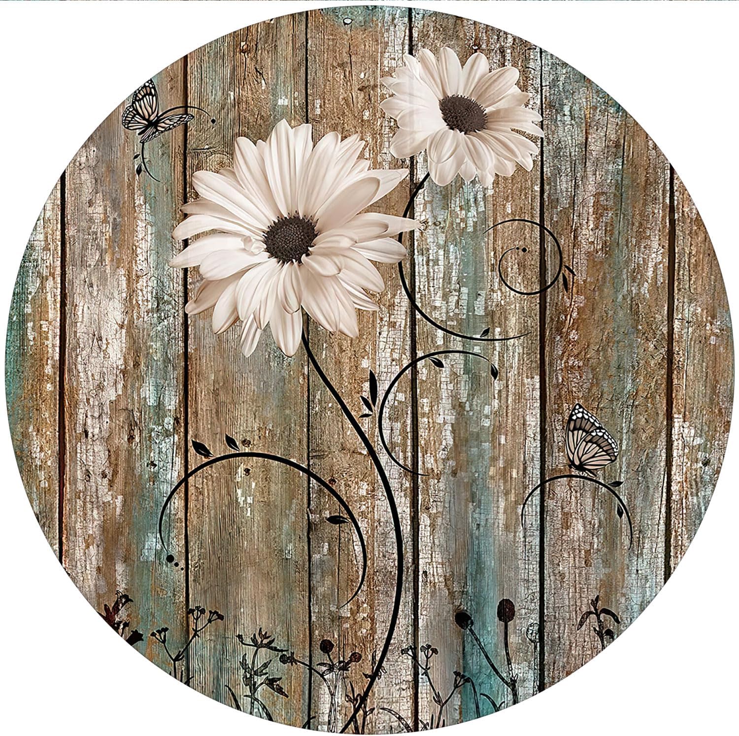 Daisy Flower Fitted Round Tablecloth with Elastic Old Rustic Wooden Patio Table Cover Outdoor Tablecloths for 44" Tables Home Gifts Kitchen Dining Decor Camping Picnic Party