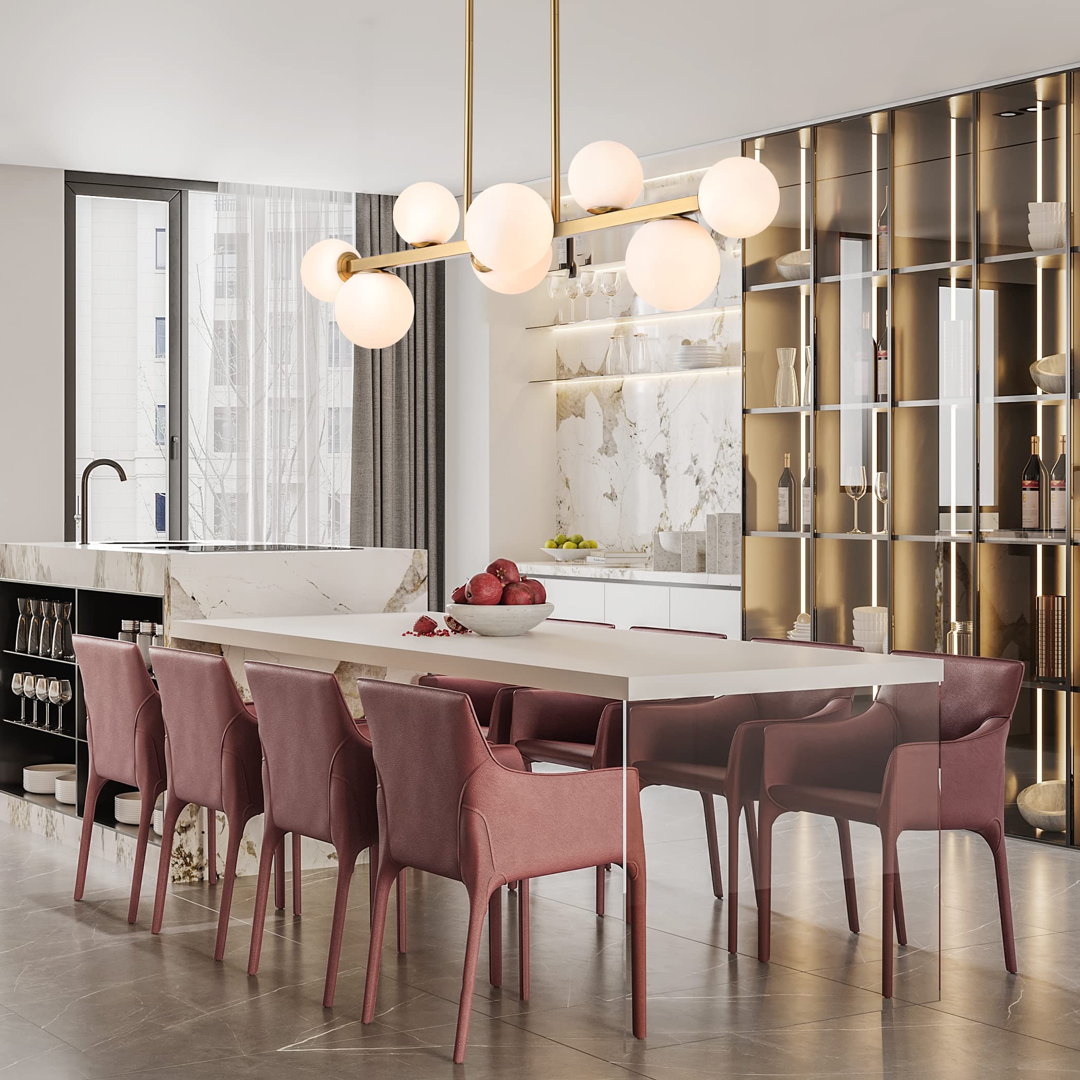 Jonsi Dining Room Light Fixtures Over Table, Mid Century Chandeliers for Dining Room, Gold Modern Chandelier, 8 Lights Globe Linear Chandelier Light Fixture Ceiling Hanging