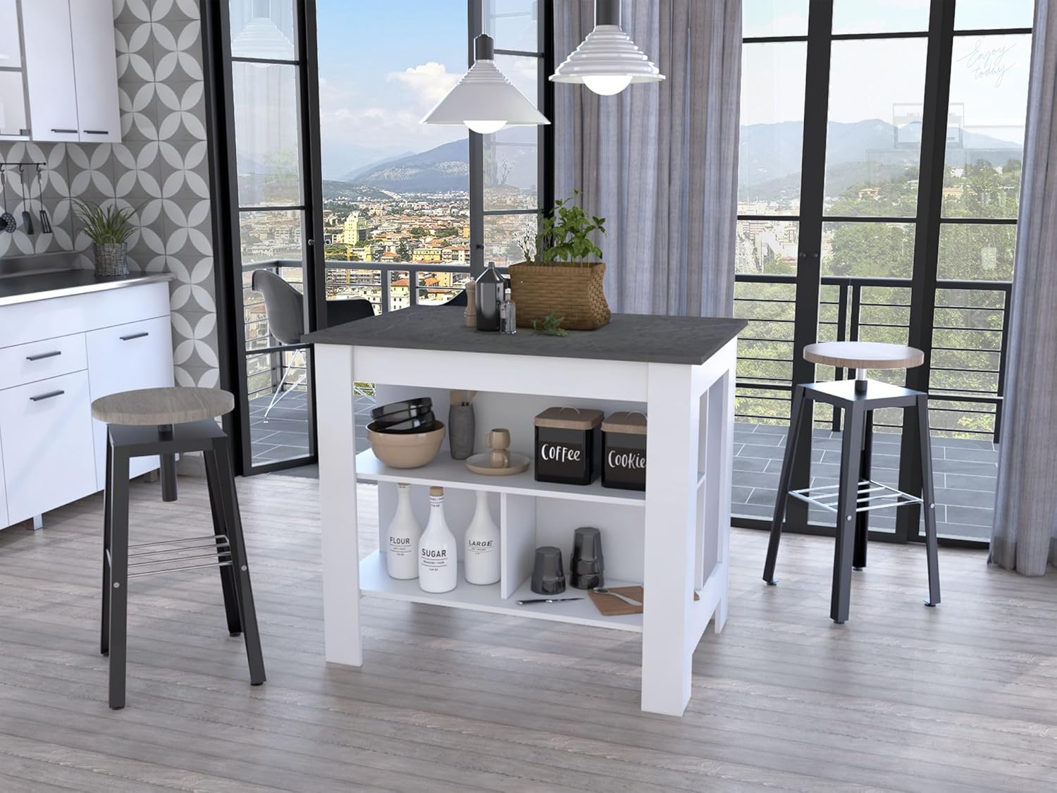lapday Kitchen Table with 3 Uncovered Shelves,for Living Room,Dining Room,Bedroom(27.50"×40.50"×35.40"). (White and Onix)