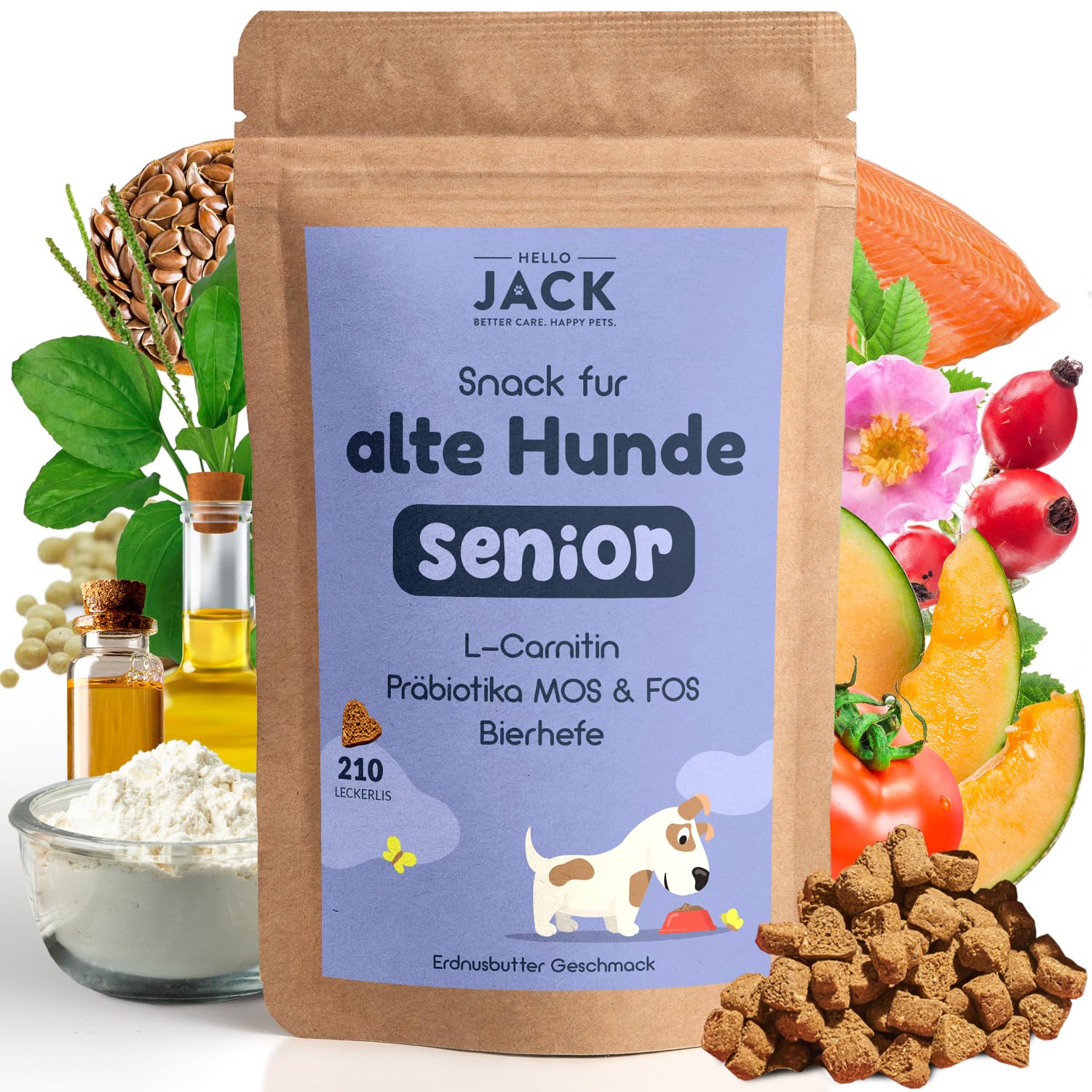 Hello Jack Suplemento alimenticio natural para perros senior - hasta 7 meses de stock - Vitaminas para energía, articulaciones y digestión para perros viejos con L-carnitina, prebióticos y levadura de