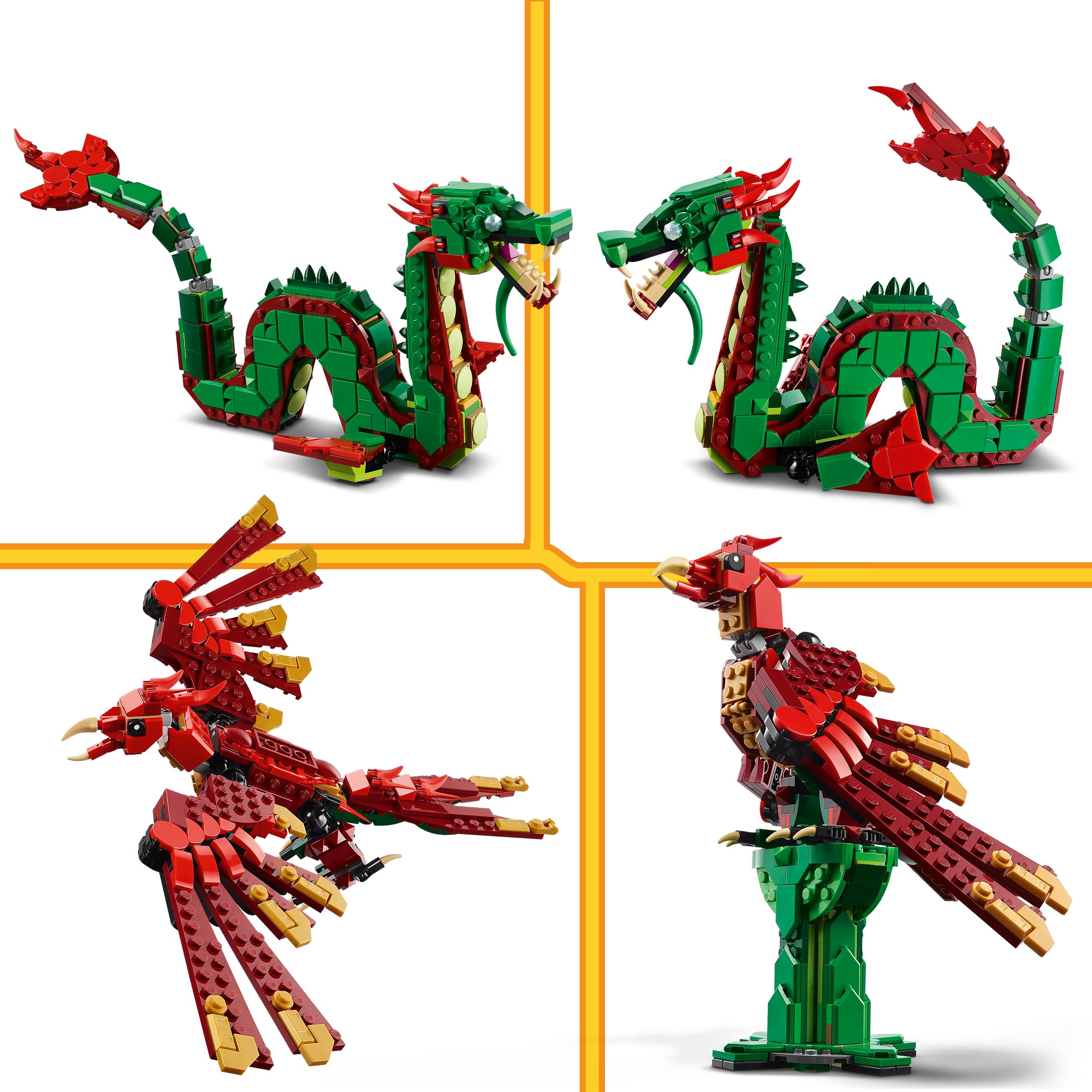 LEGO Creator 3 w 1 Średniowieczny smok, Zabawka Konstrukcyjna dla Dziecka do Przebudowania na Mityczne Stworzenia: Węża Morskiego lub Feniksa, Prezent dla 9-latka, Dziewczynki i Chłopca 31161