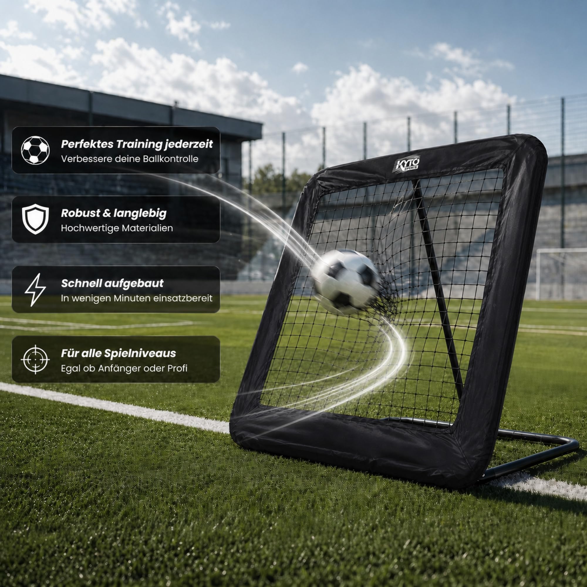 Kyto Sports Fußball Trainingsset 3-teilig – Rebounder 100x100 cm, 50 Markierungshütchen & Koordinationsleiter 6 m – Techniktraining, Agility, Schnelligkeit, Footwork & Ausdauer