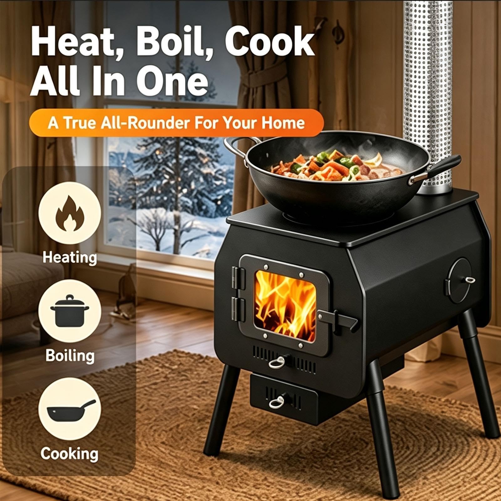 Estufa de Leña con Horno, Ventana para Ver el Fuego, Horno de Leña