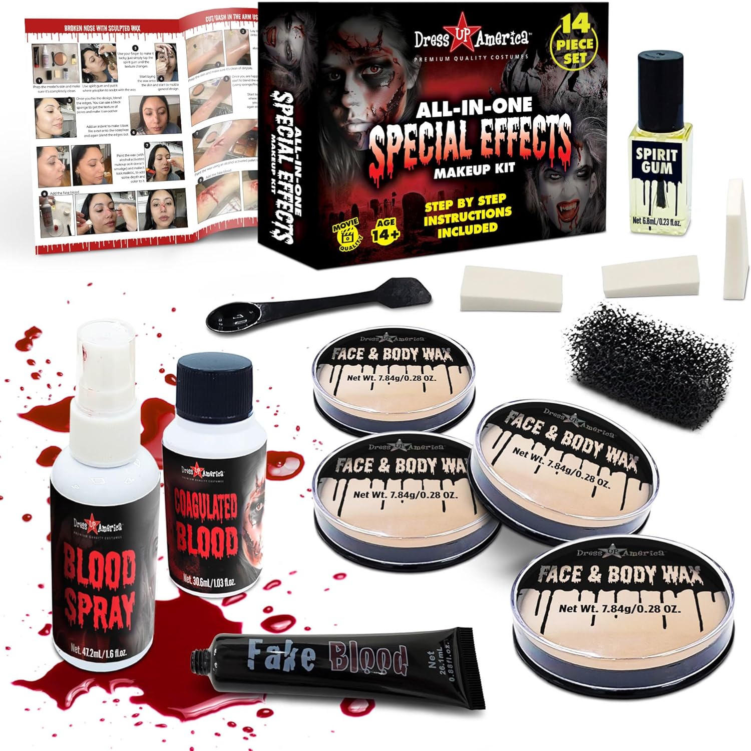 Dress Up America Halloween Make-up Kit – Gezichts- en Lichaamswax, Latex en Nepbloed Kostuum Gezichtsverf Set – SFX Realistische Bloederige Halloween Make-up Set voor Tieners en Volwassenen
