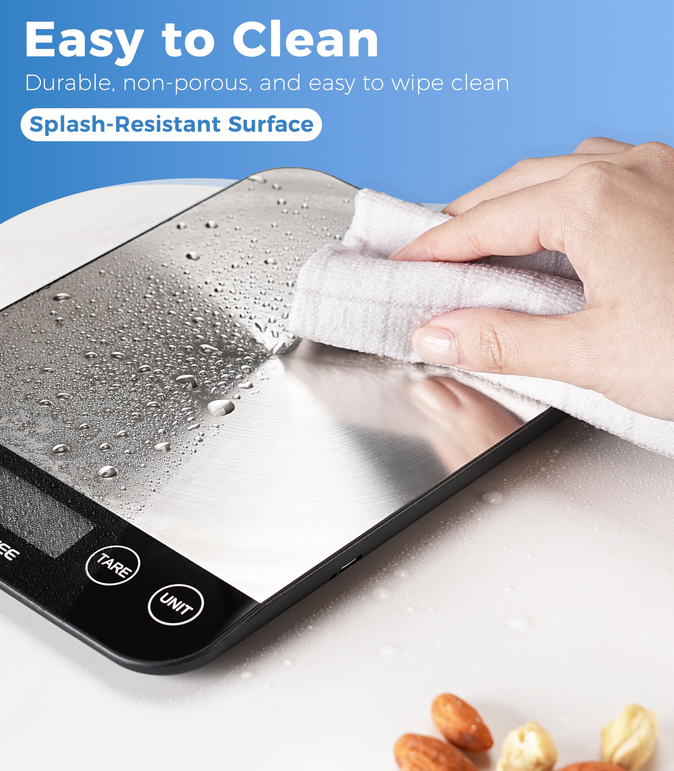15.0 kg Digitale Küchenwaage, wiederaufladbare Lebensmittelwaage Gramm und Unzen mit Edelstahl, USB-Aufladung, 1 g hohe Genauigkeit zum Backen und Kochen, Essen usw