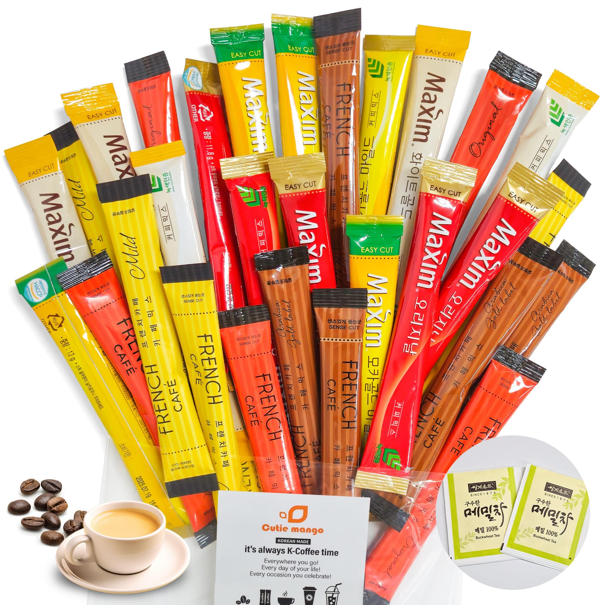 CUTIE MANGO Maxim French Premium Korean Instant Coffee Mix Sampler 6 Flavors Assortment Café Style Camping Party Single Serve Packets 30 Variety Pack (5 Sticks Each) with Complimentary 2 Teabags