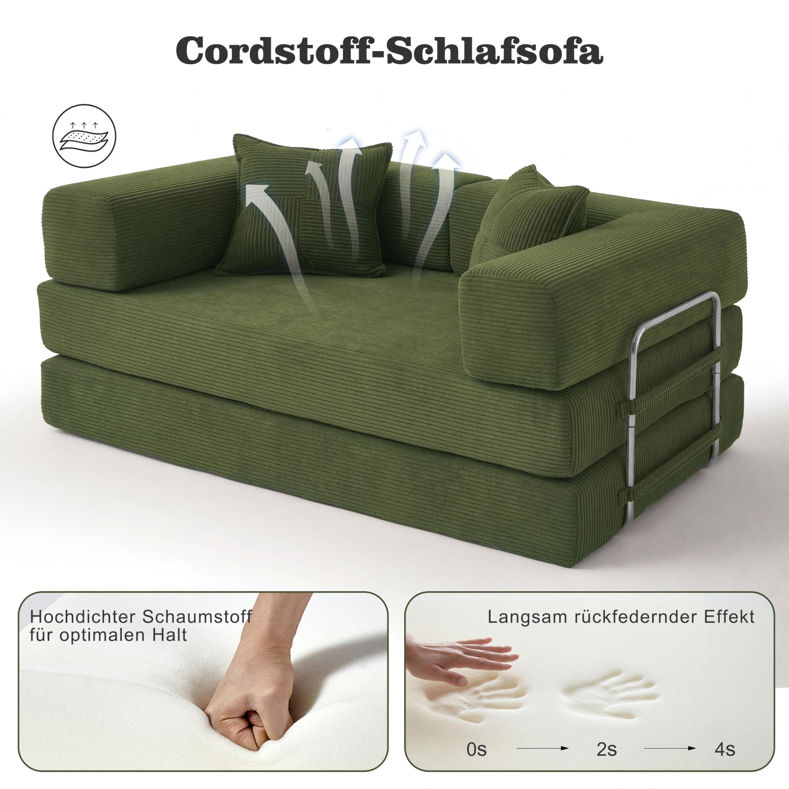 Vipbear Sofá Cama Pana 200×100×70 cm, sofá de Suelo transformable 5 en 1, Espuma de Alta Densidad, Apto para Mascotas y ergonómico, sin Montaje, Verde