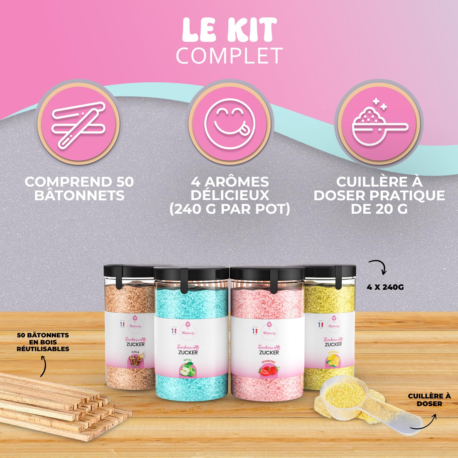 Misskandy® sucre barbe à papa pour machine- Lot de (4 * 240Gr) - (Arômes Naturels): Goûts: Fraise/Pomme/Cola/Citron/poudre barbapapa+ 50 bâtonnets (offerts)/ Fabriqué en France