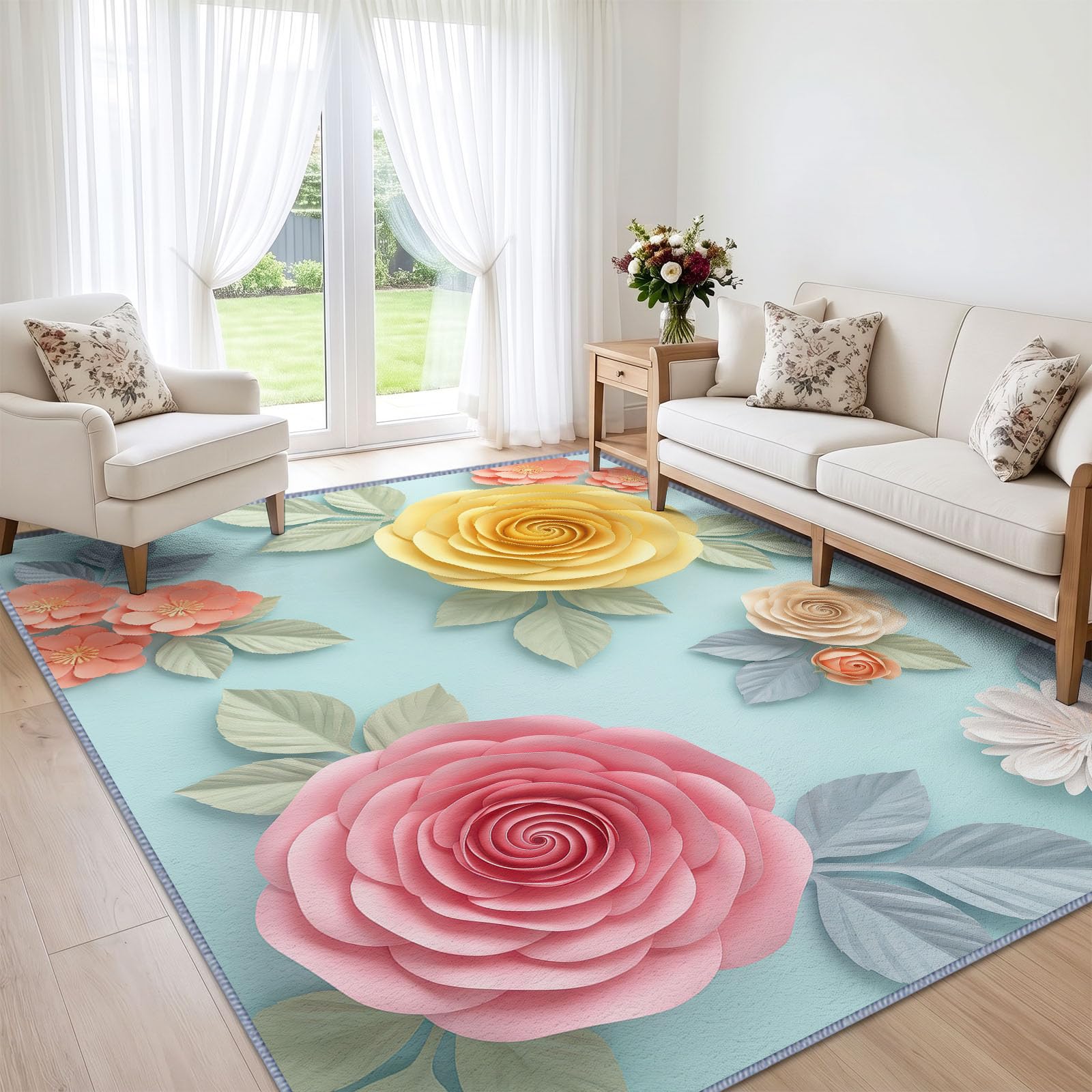 Générique Lavable en Machine Tapis Salon 80x154 cm, Floral Roses Antidérapant à Poil Ras Tapis, Moderne Art Romantique Écologique pour Salle à Manger Couloir Chambre Bureau