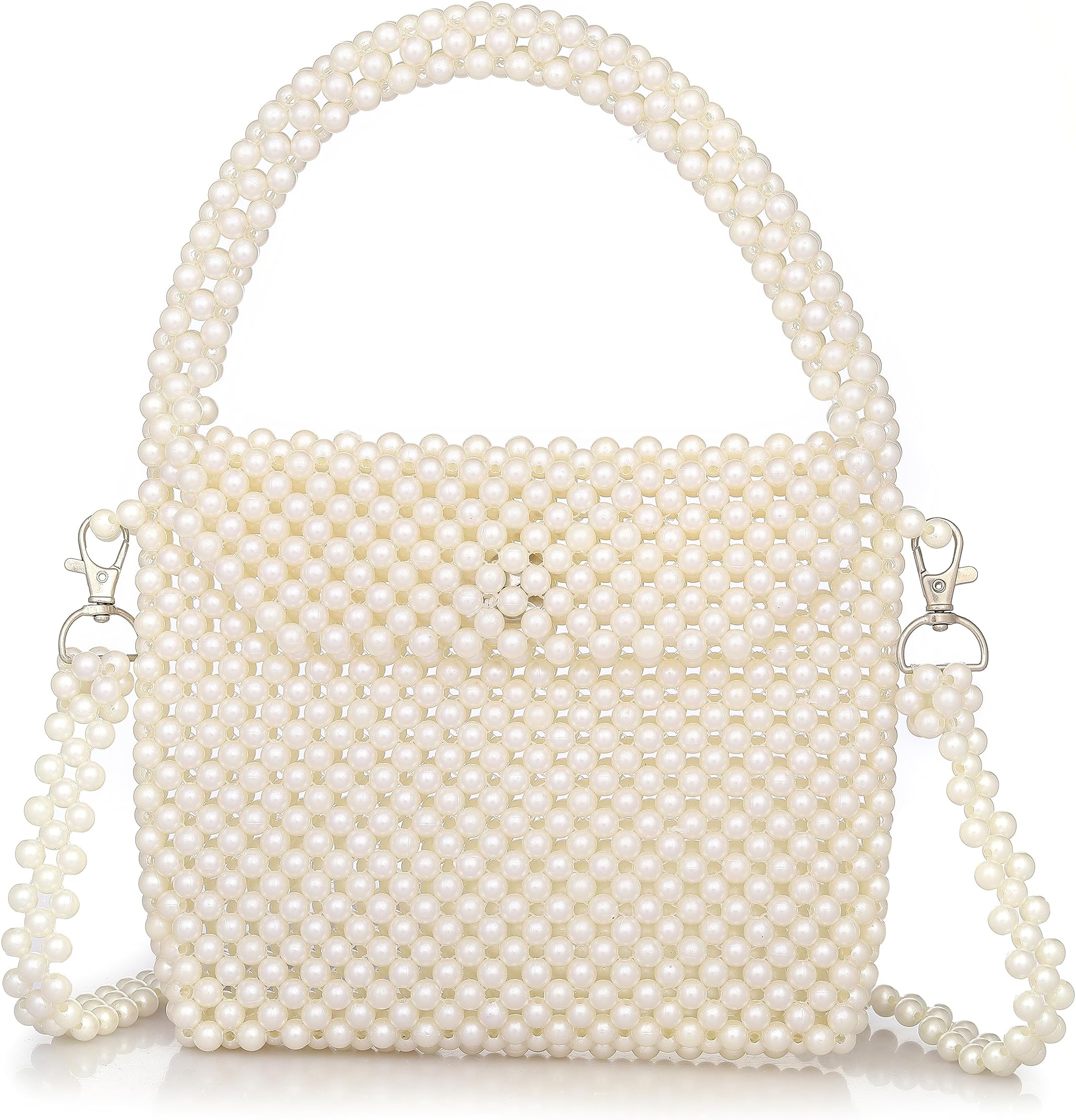 PR HAND WORKSLuxury White Dual Beeded Cord Pearl Purses Shoulder Bag for Women Pearl Bag Beaded Clutch Evening Bag (11x8 Inch)