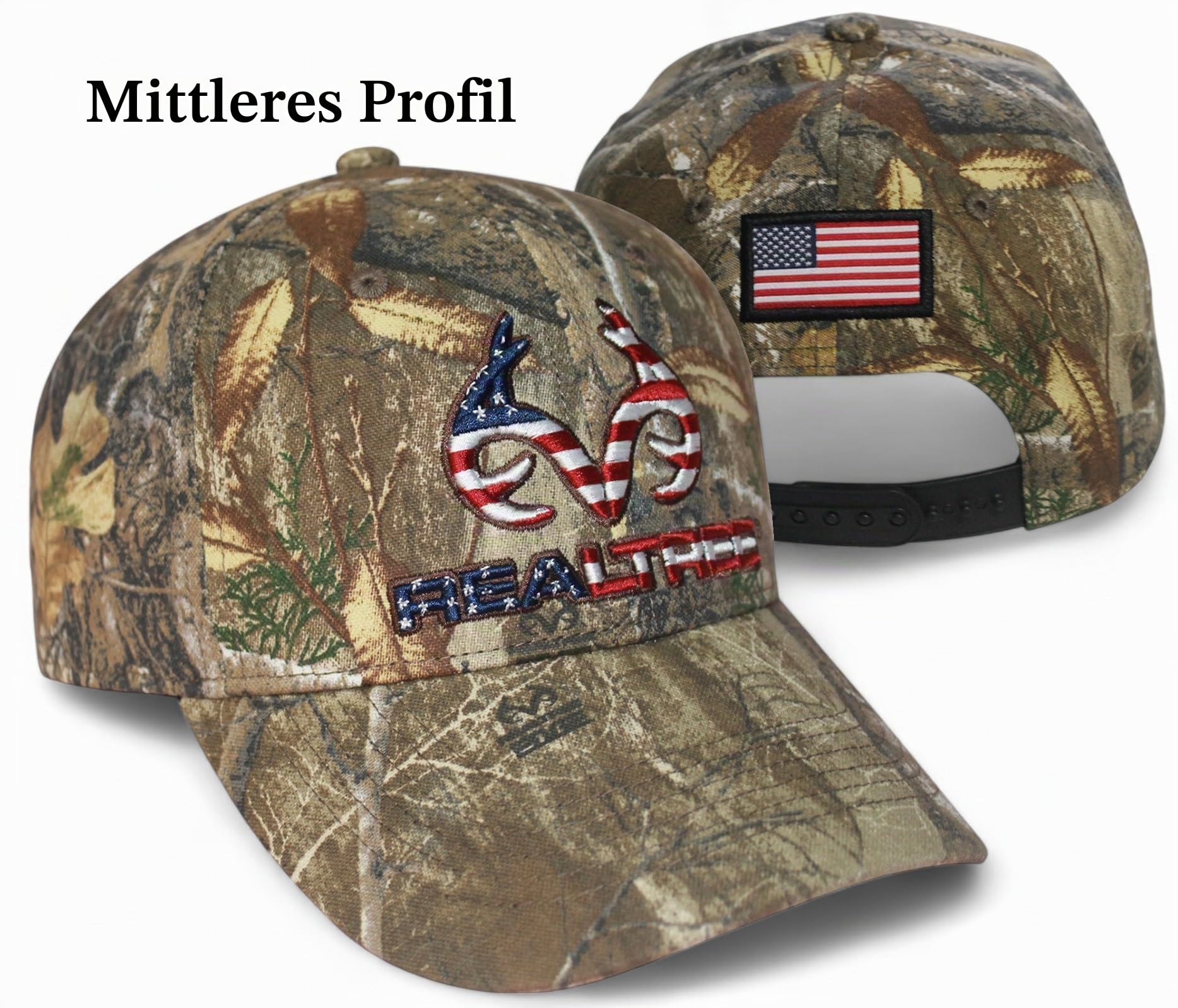 Realtree Patriotische Flaggenmütze, klassisch, vorgeformt, Schweißband, Snapback, 6 Panel, gesticktes Geweih-Logo und Markenzeichen, USA-Flaggenaufnäher, für Herren und Damen, Mütze, Camouflage