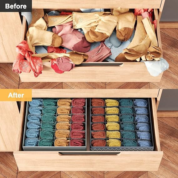 DIMJ Drawer Organizer, 24 Cells Foldable Underwear Organizer, Non-Woven Drawer Organizers, Drawer Dividers for Underwear, Socks, Light Grey