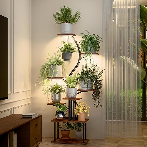 Soporte para plantas de interior con luces de crecimiento, estante de metal de 9 niveles, soporte para plantas para interiores, estantes de