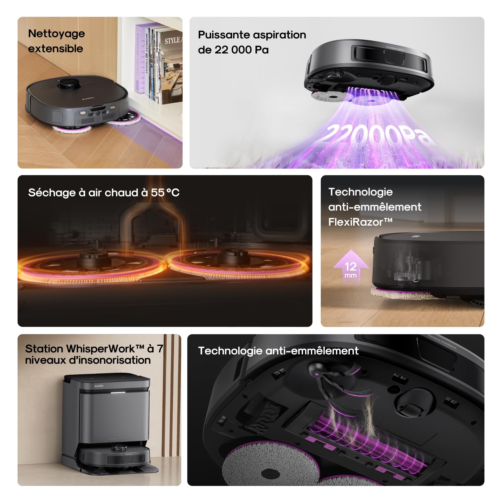 Eureka Robot Aspirateur Laveur, Station Tout-en-Un autonettoyante, Aspiration 22000 Pa, serpillière Extensible Anti-emmêlement, brosses Principale et latérale DragonClaw, Noir, J15 Evo Ultra