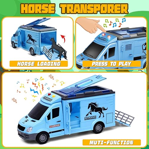 Miniatura 2 de Tacobear Camión de caballos de juguete con luces y sonidos  Vehículo transportador de fricción de caballos con 5 juguetes de caballo para niños de