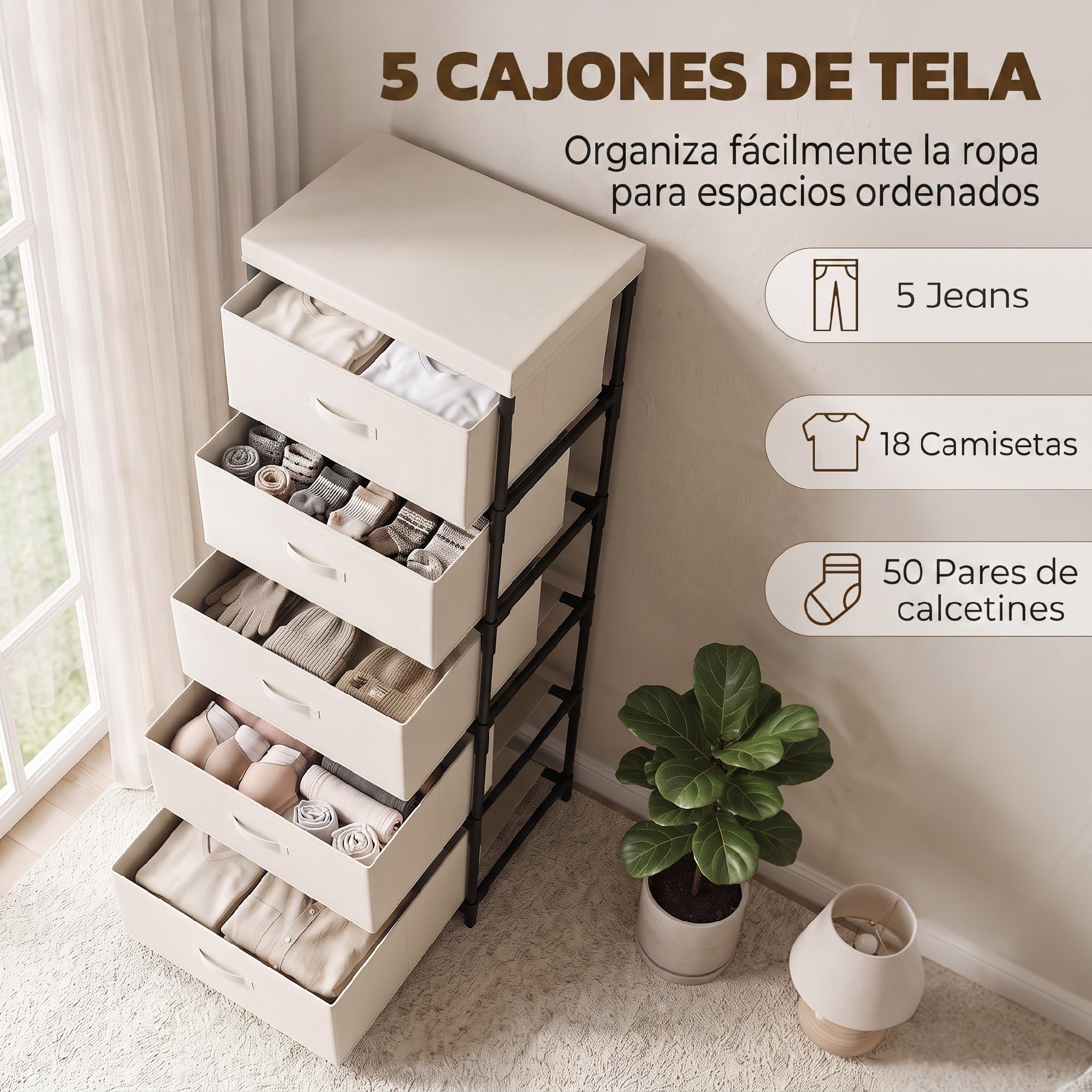 HOMCOM Cassettiera con 5 Cassetti, Mobiletto in Tessuto con Struttura in Acciaio, Montaggio Rapido, per Camera e Soggiorno, Beige e Nero