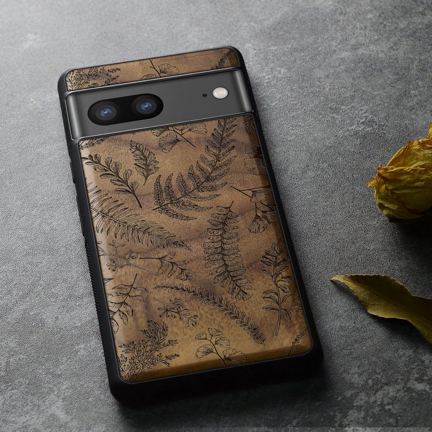 Carveit Wood Case for Pixel 7a Case [Natural Wood & Black Soft TPU] Shockproof Protective Unique & Classy Wooden Phone Cover Compatible with Google Pixel 7a (Fern Leaves & Herbs-Walnut)