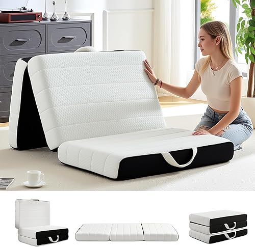 Colchón plegable, cubrecolchón de espuma viscoelástica de triple pliegue con funda lavable, asa y parte inferior antideslizante, cama plegable