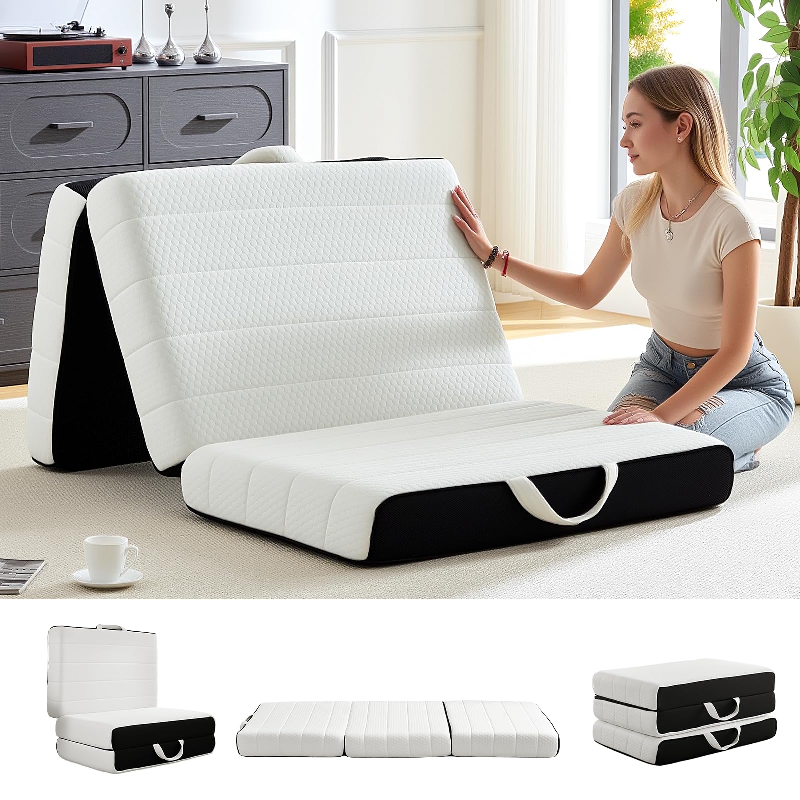 Foldable Mattress, Twin Tri-Fold Memory Foam Mattress Topper with Washable Cover, Handle & Non-Slip Bottom, 6 Inch Portable Folding Bed for Guest, Yoga, Living Room, Camping - 75"x38"x6"