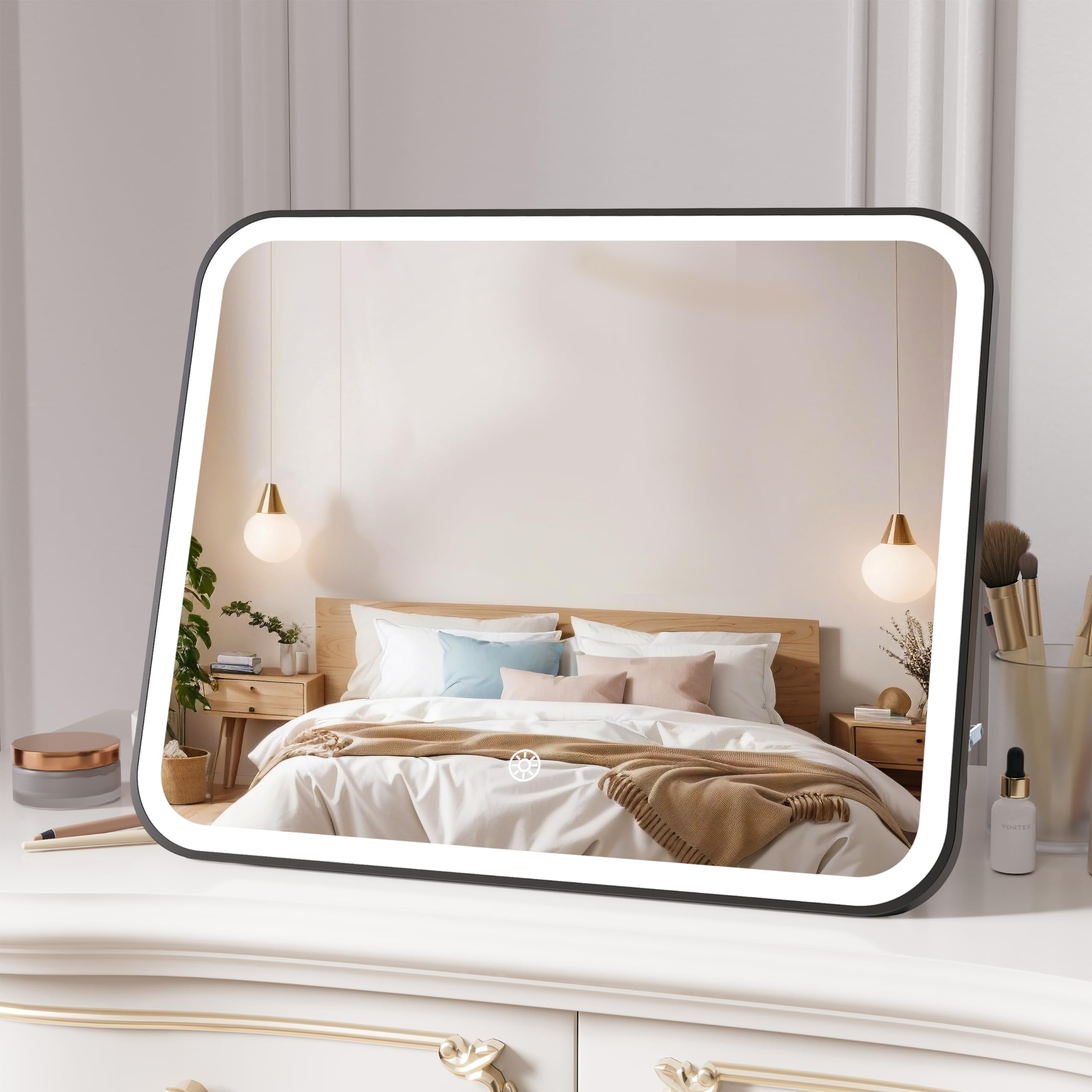 Makeup Mirror 22"x18" Touch Screen Vanity Mirror with LED Brightness Adjustable Portable USB Rechargeable,Black