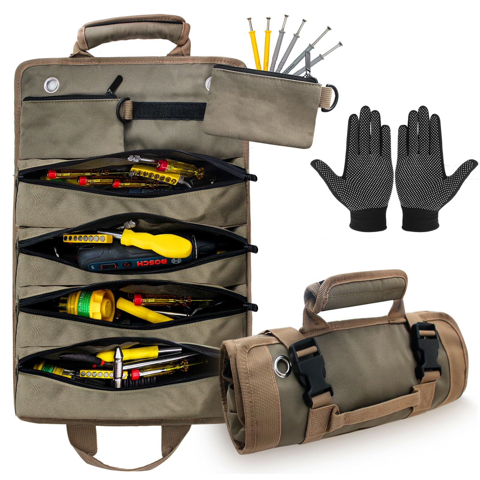 Boshiho Tool Bag Roll Bag Empty Canvas Tool Roll Bag, Professional Multi-Purpose Tool Roll Bag with 6 Zip Pockets