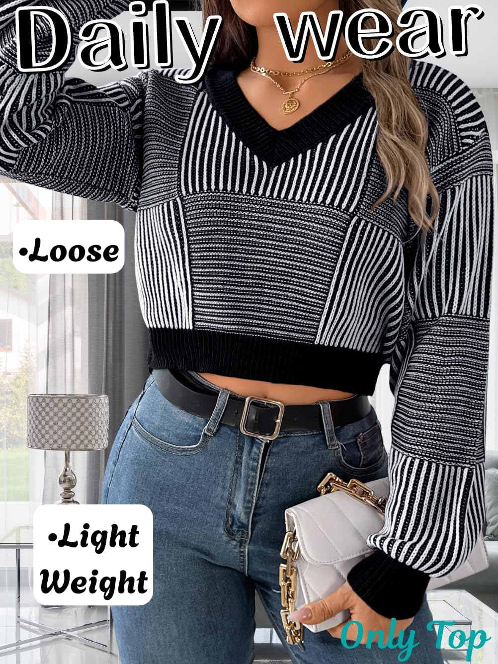 Womens Sexy V Neck Striped Cropped Sweater, Knit Lightweight Long Sleeve Crop Top, Date Outfits Fall Causal Going Out - Image 5